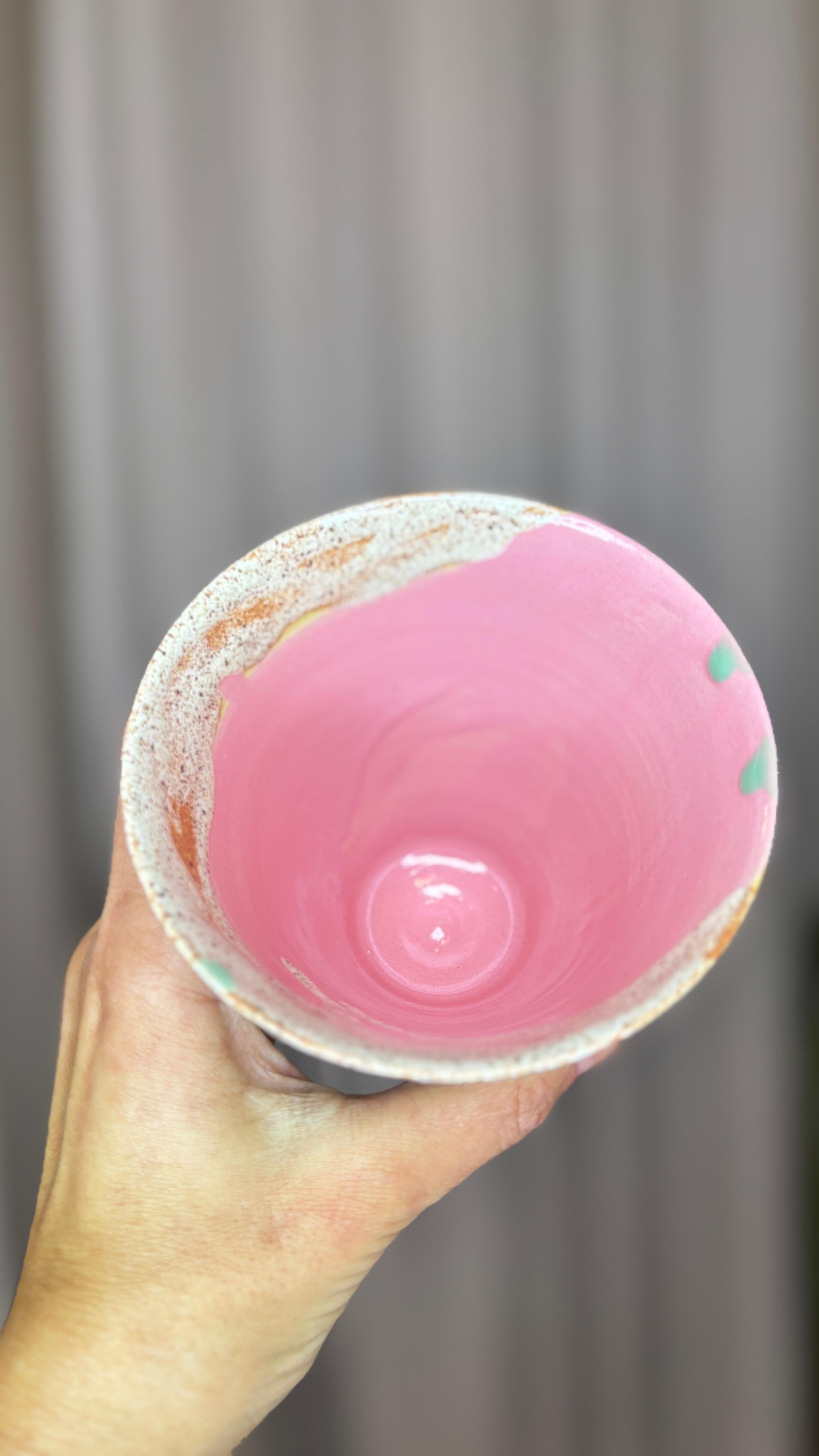 Stoneware Japanese Inspired Colourful in Green Pink and Beige Handmade Coffee Cup For Sale