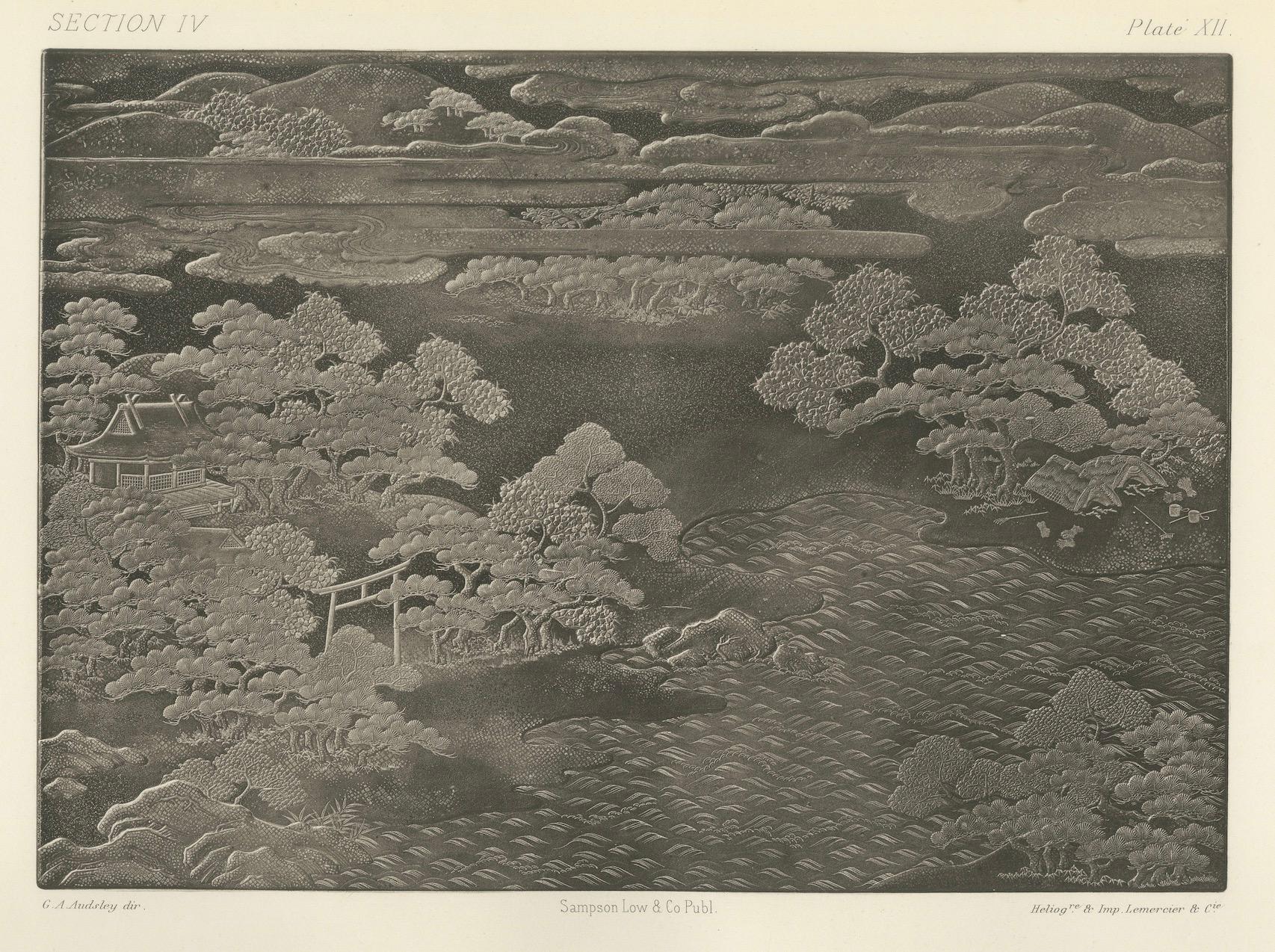 Título: Heliograbados de inspiración japonesa de G. A. Audsley, París, c. 1880

Esta cautivadora estampa en heliograbado, fechada hacia 1880, ejemplifica el refinado arte y la fascinación por la cultura japonesa que se apoderaron de los