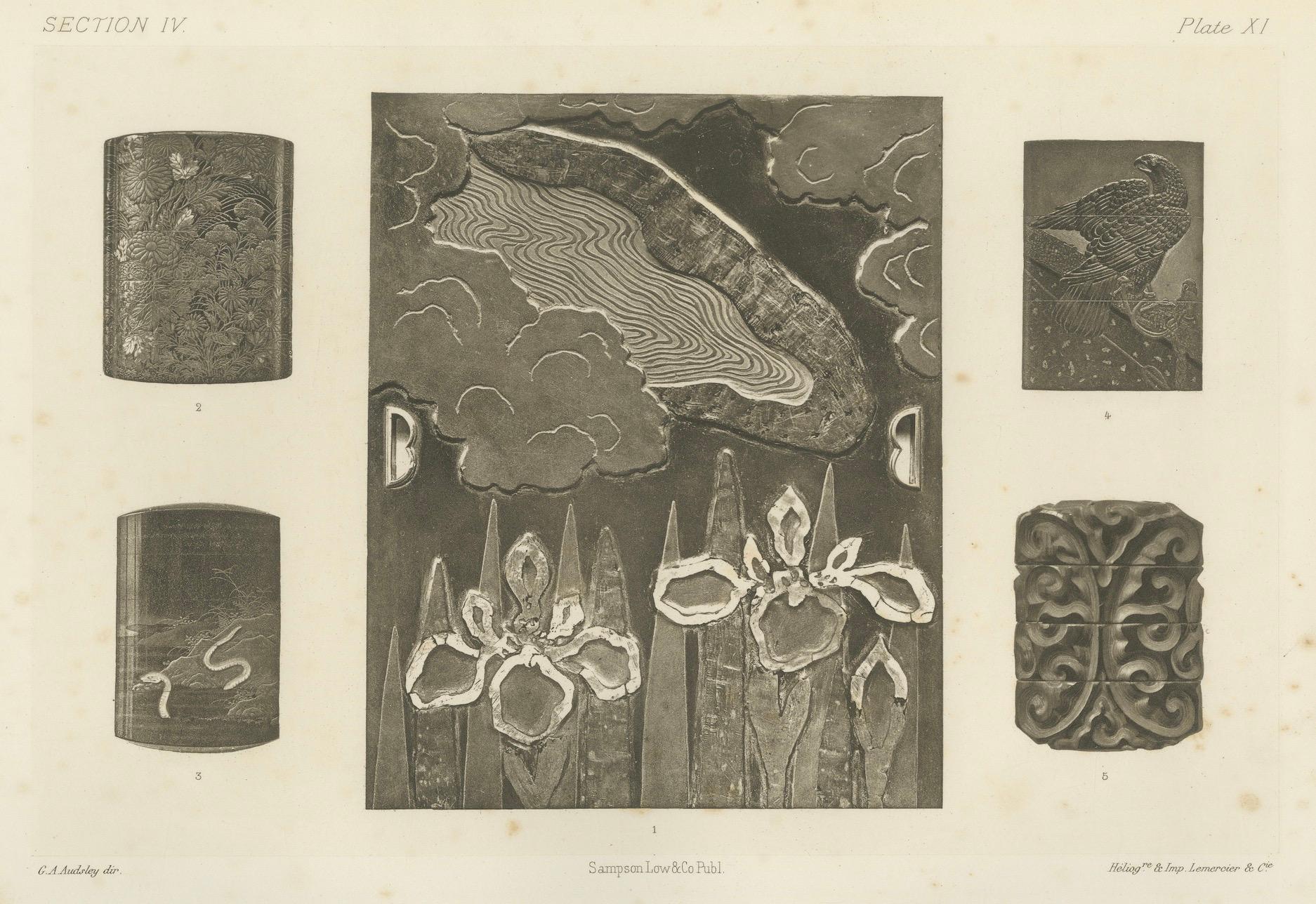 Heliograbados de inspiración japonesa de G. A. Audsley, París, c. 1880 en Bueno estado para la venta en Langweer, NL