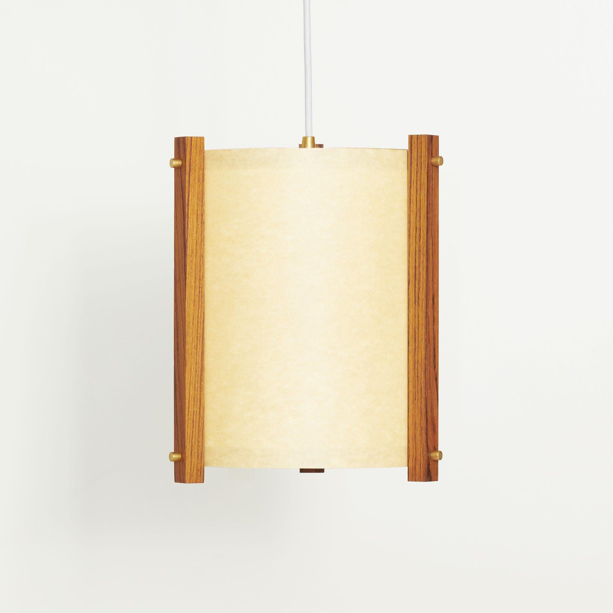 Hand-Crafted Japanese inspired mid-century Teak and Brass Pendant Lamp - medium For Sale