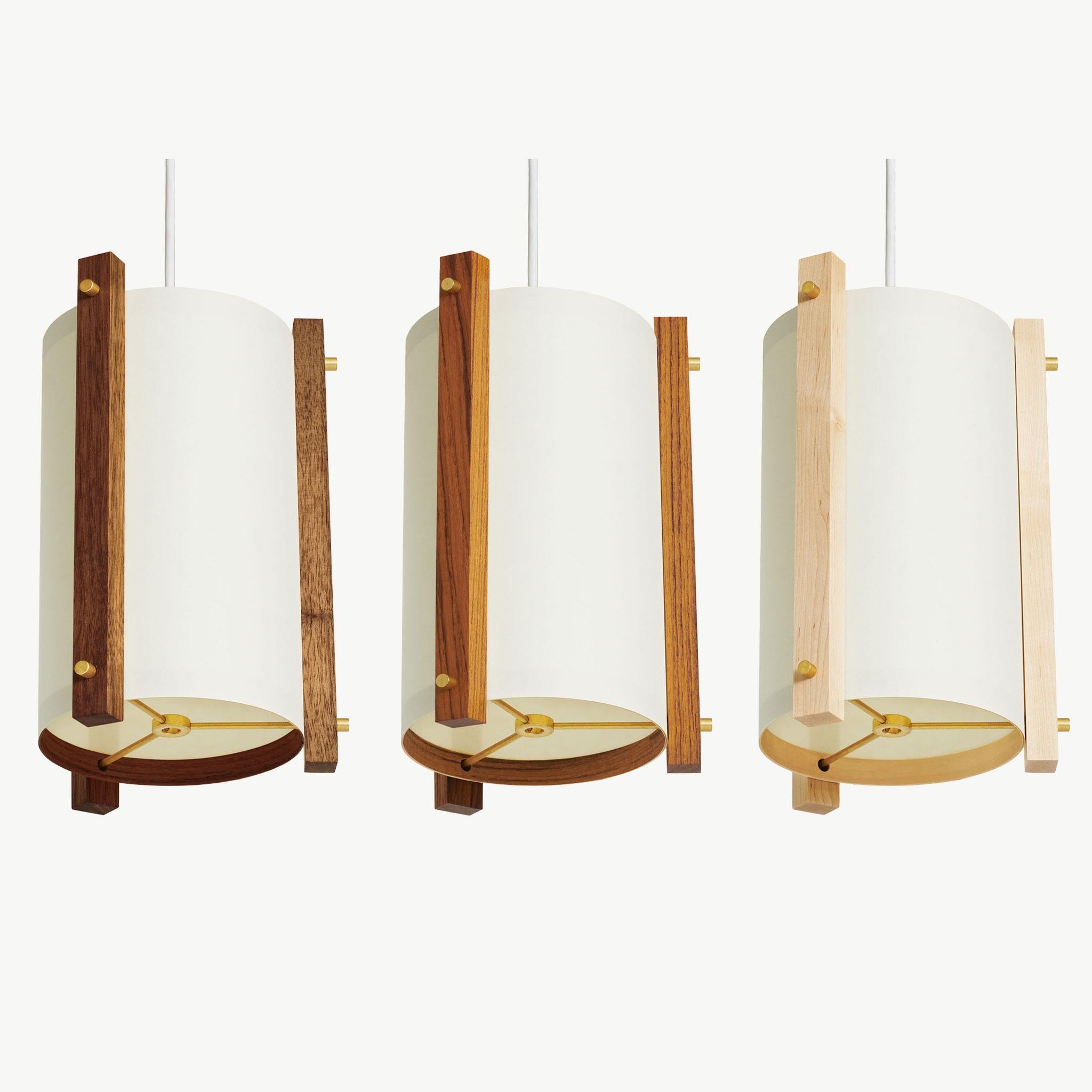 Teak Japanese inspired mid-century Walnut and Brass pendant lamp - small For Sale