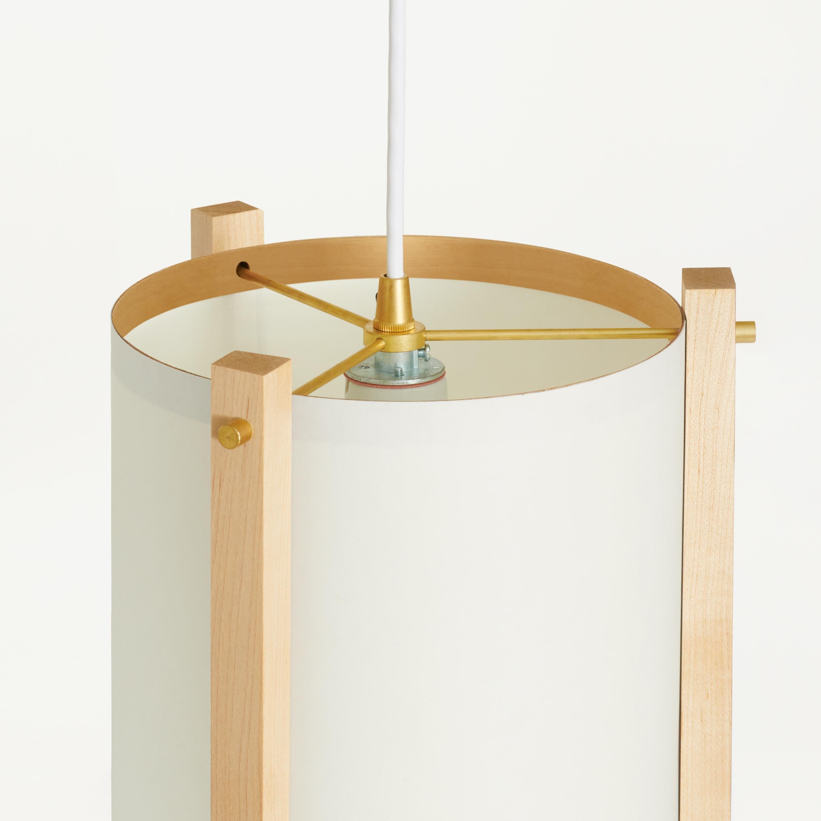 Mid-Century Modern Japanese inspired mid-century white Maple and Brass Pendant Lamp - medium For Sale