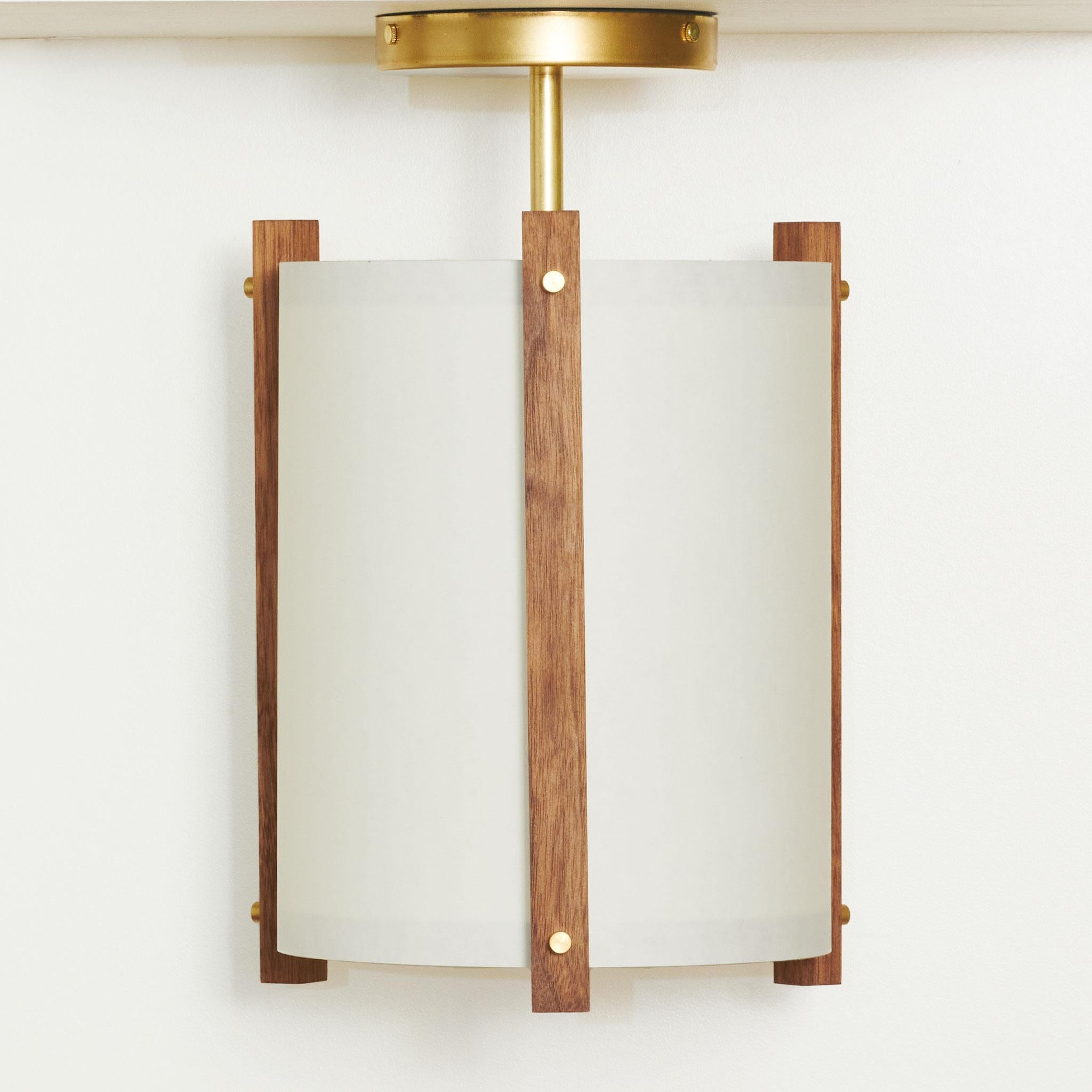 Mid-Century Modern Japanese inspired mid-century white Walnut and Brass Ceiling Light For Sale