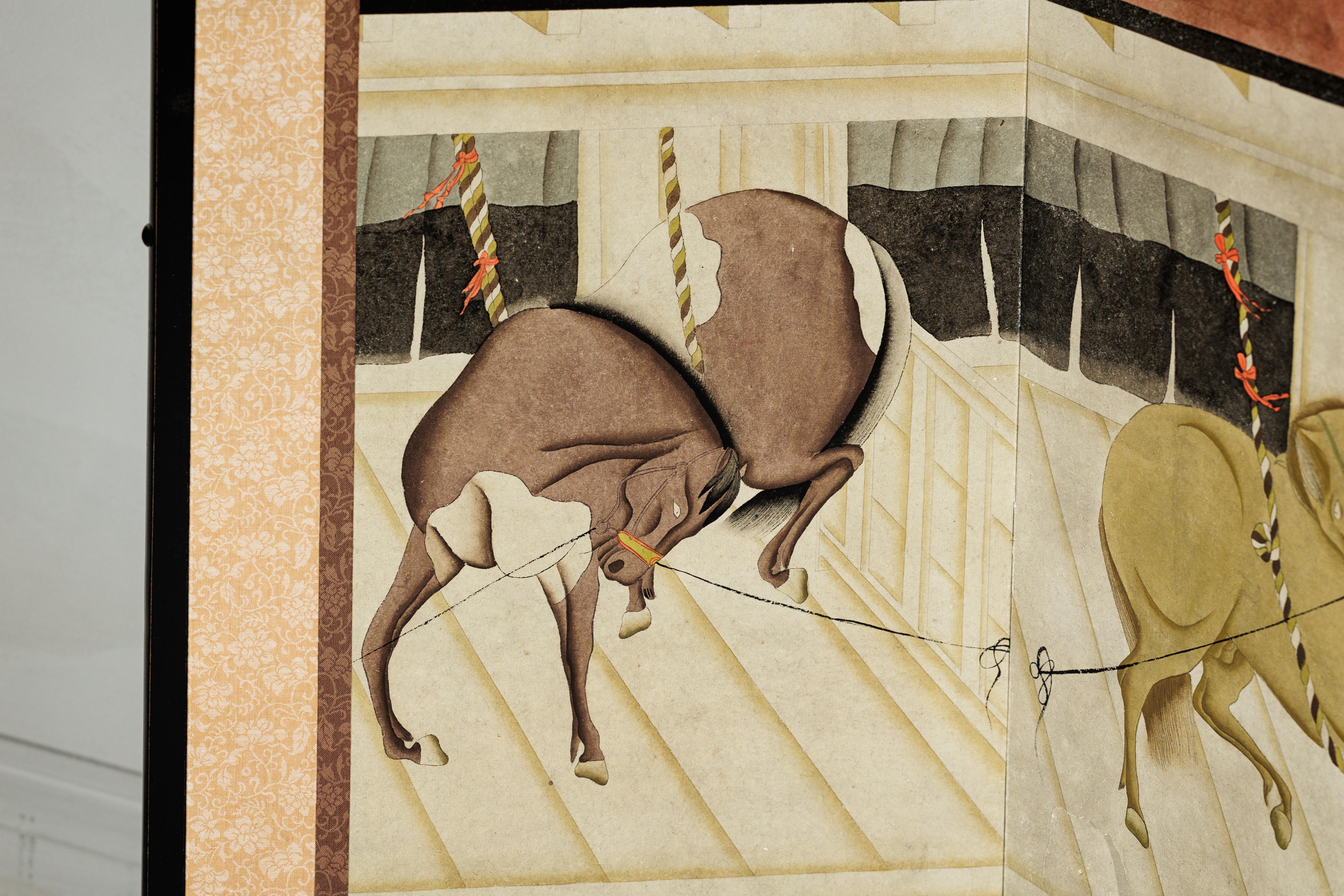 Paravento a sei pannelli di ispirazione giapponese con cavalli nella stalla e sfondo in bambù in vendita 6