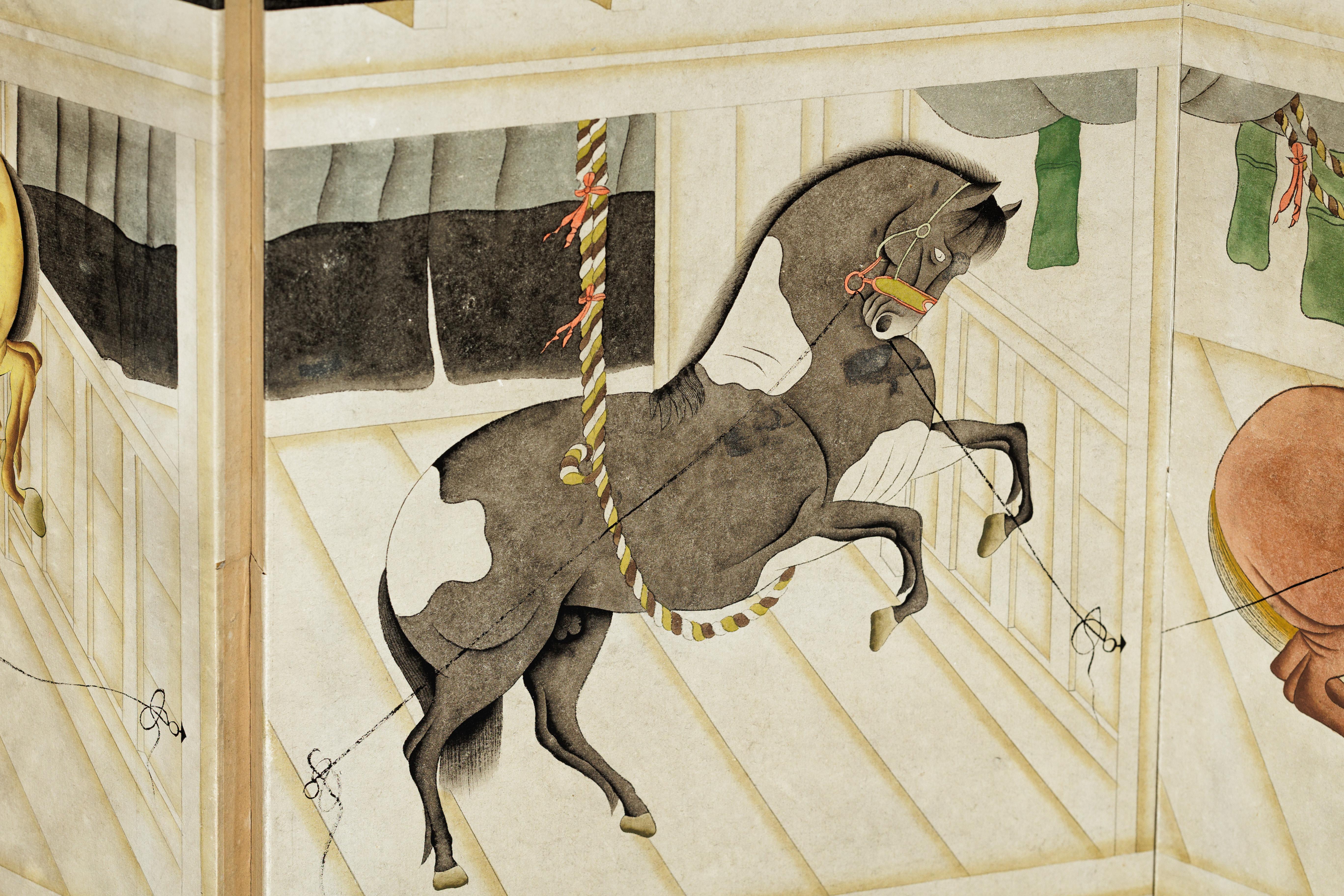 Paravento a sei pannelli di ispirazione giapponese con cavalli nella stalla e sfondo in bambù in vendita 9