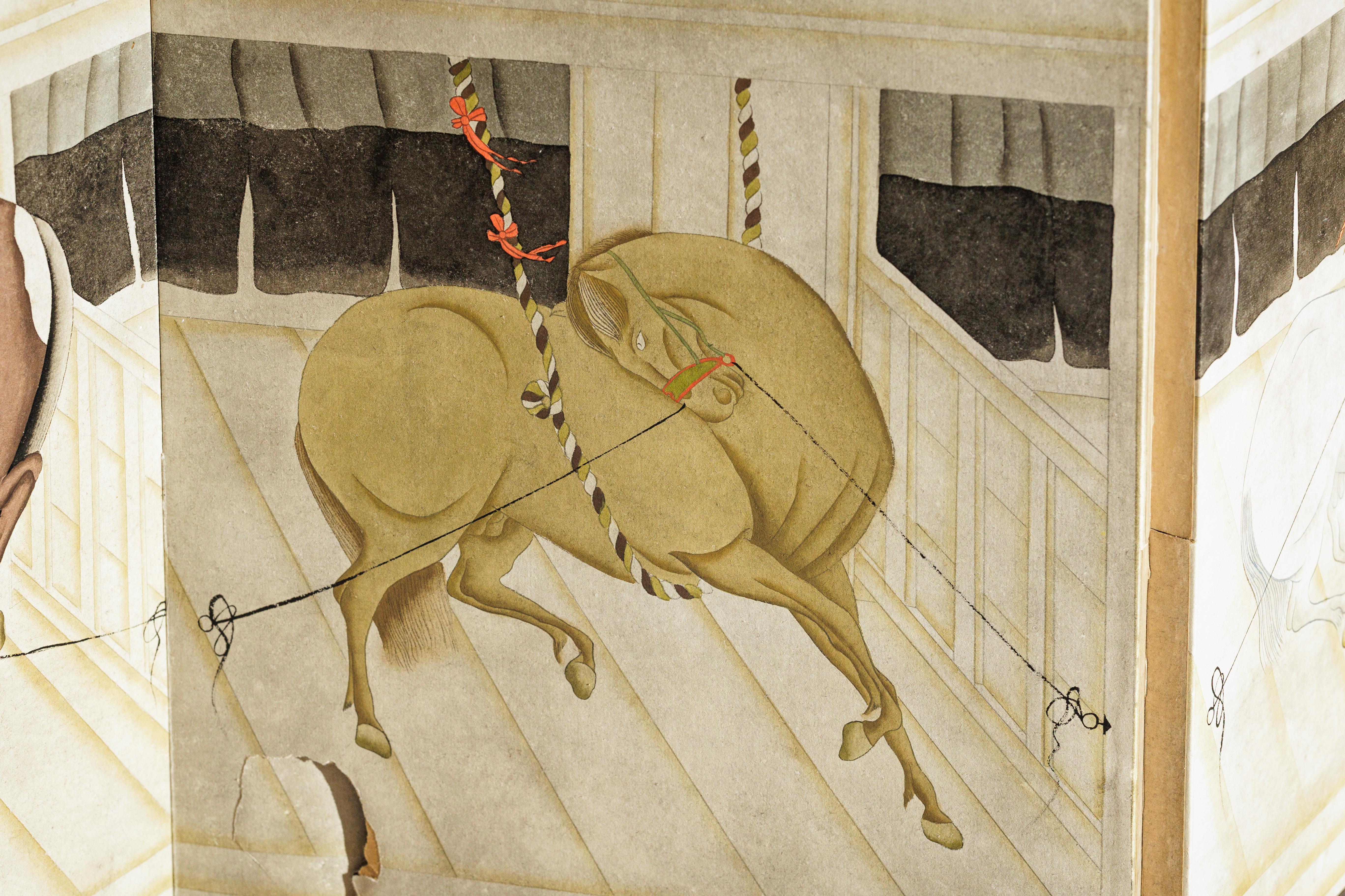 Paravento a sei pannelli di ispirazione giapponese con cavalli nella stalla e sfondo in bambù in vendita 11