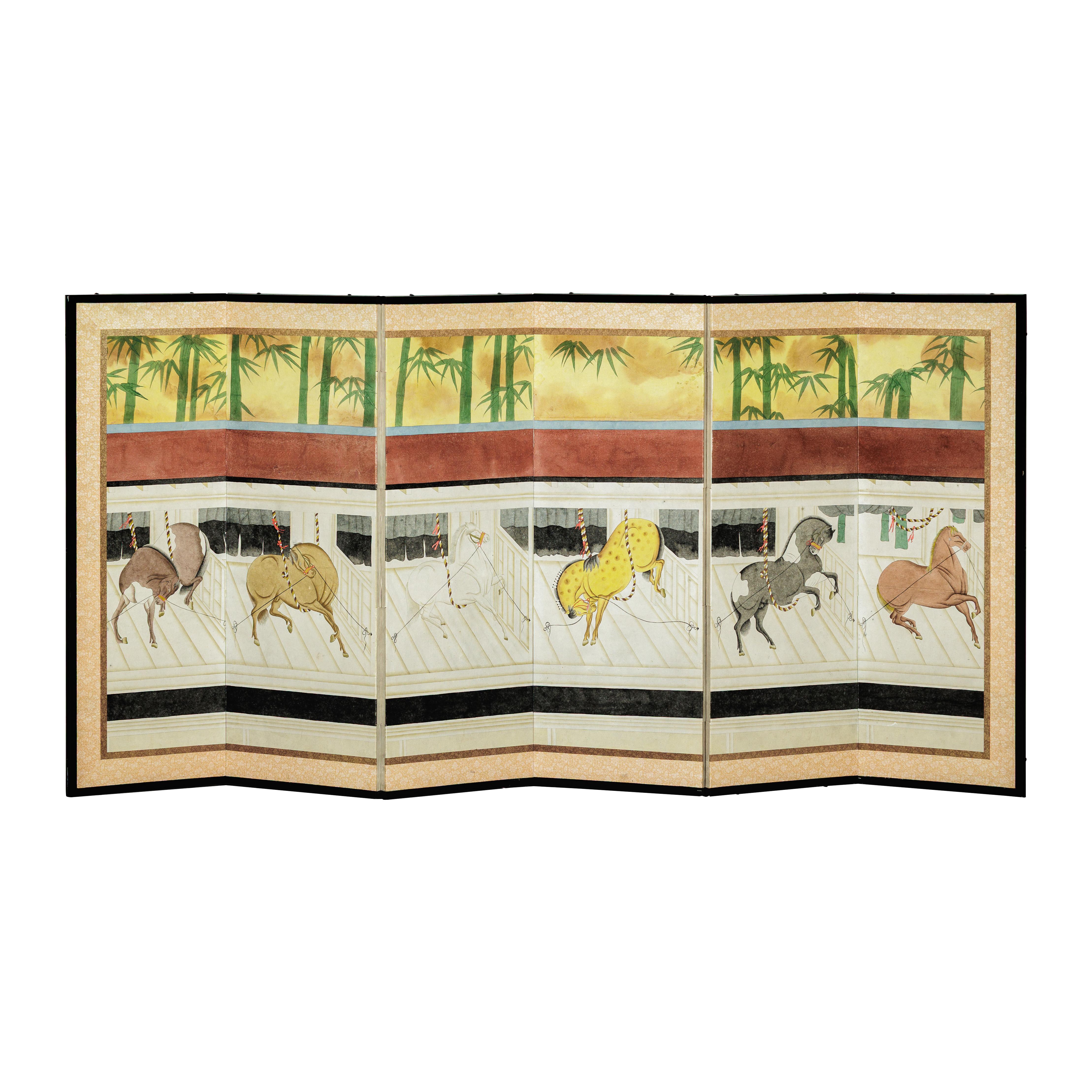 Japanisch inspirierte Sechs-Panel-Bildschirm mit Pferden im Stall mit Bambus-Hintergrund im Angebot 12