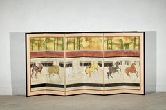 Japanese Inspired Six-Panel Screen with Horses in Stable with Bamboo Backdrop
