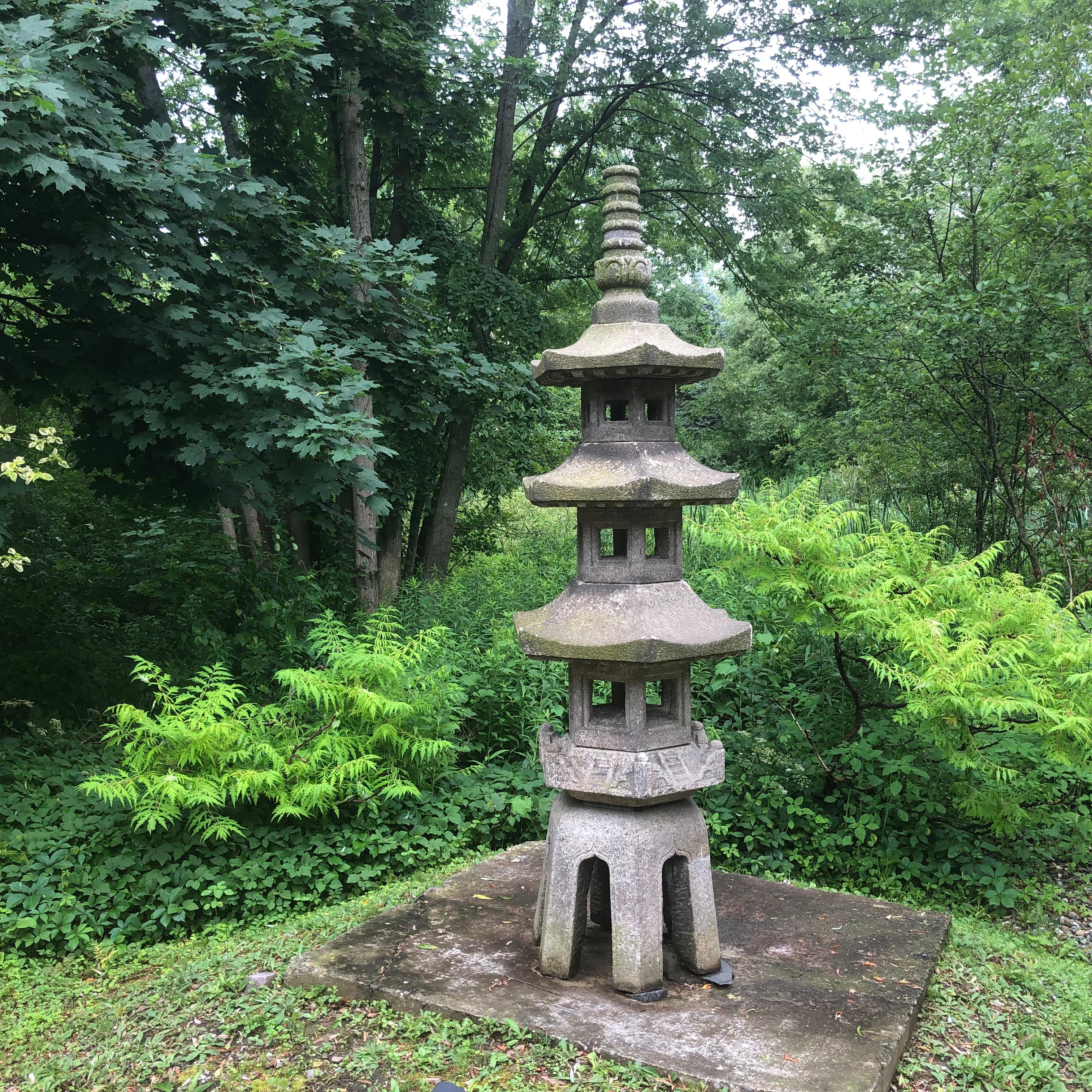 For the finest garden- a spiritual representation of five earthly and celestial elements. 

Japan, a monumental antique stone pagoda tower 300 cm, 120” high, granite, late Meiji to Taisho period, (1900-1926) and a spiritual representation of five