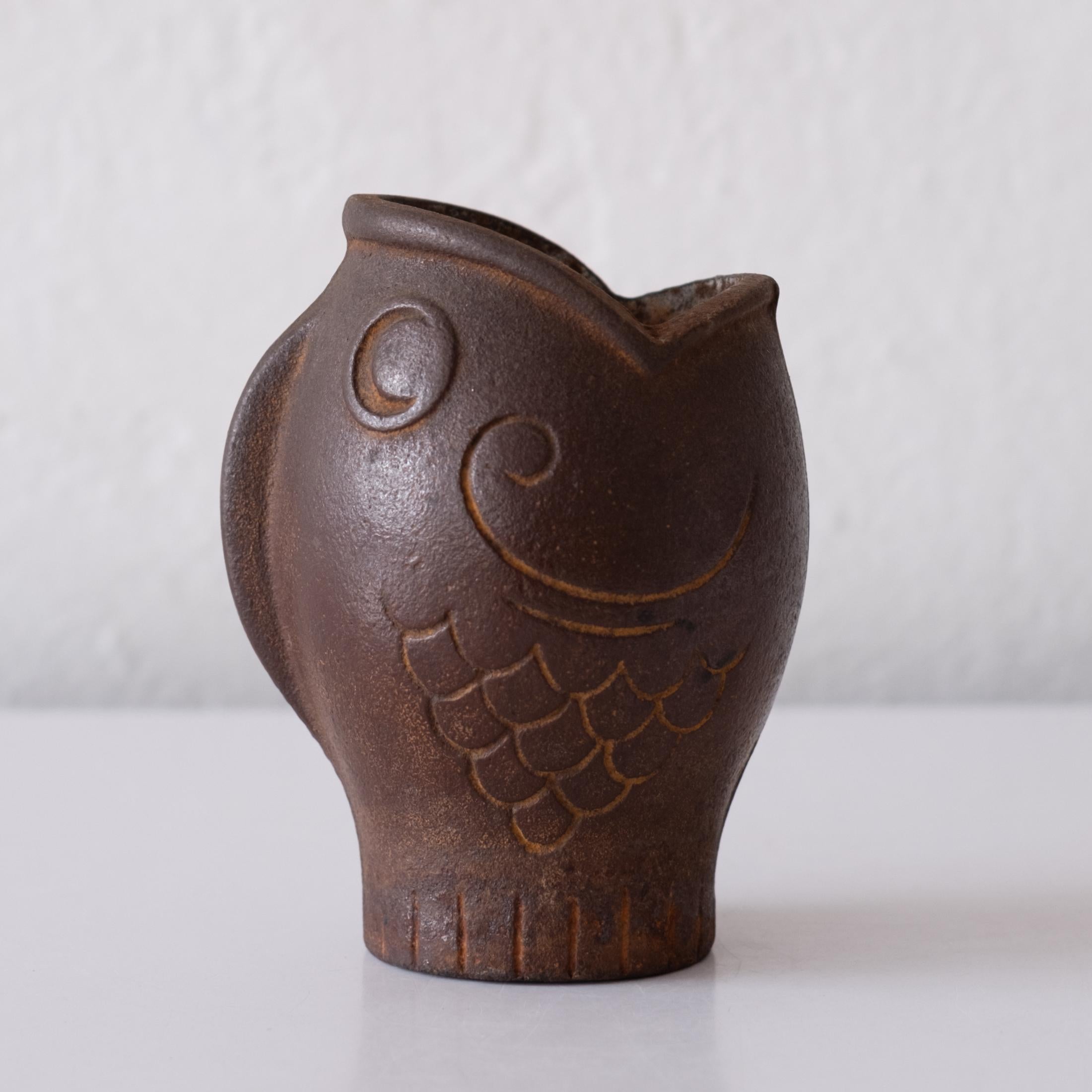 Mid-Century Modern Japanese Iron Abstract Signed Fish Vase or Incense Burner