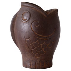 Vintage Japanese Iron Abstract Signed Fish Vase or Incense Burner