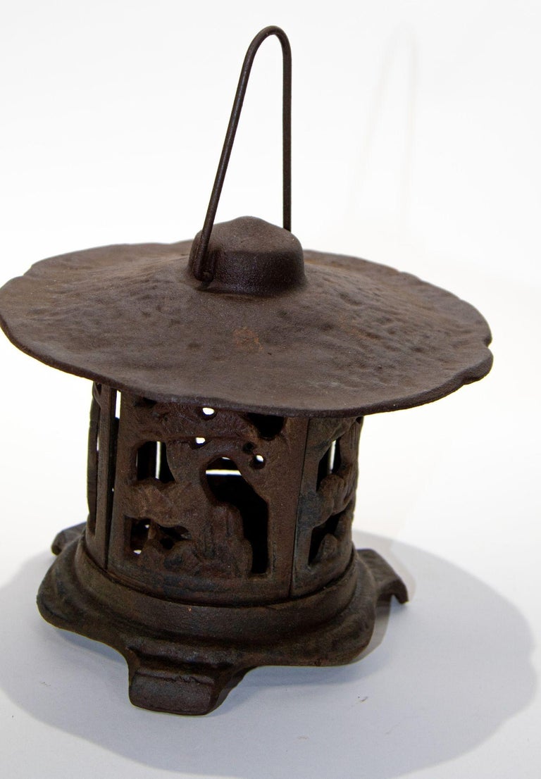 Japanese Iron Garden Lantern Old Gold Finch and Bamboo For Sale at