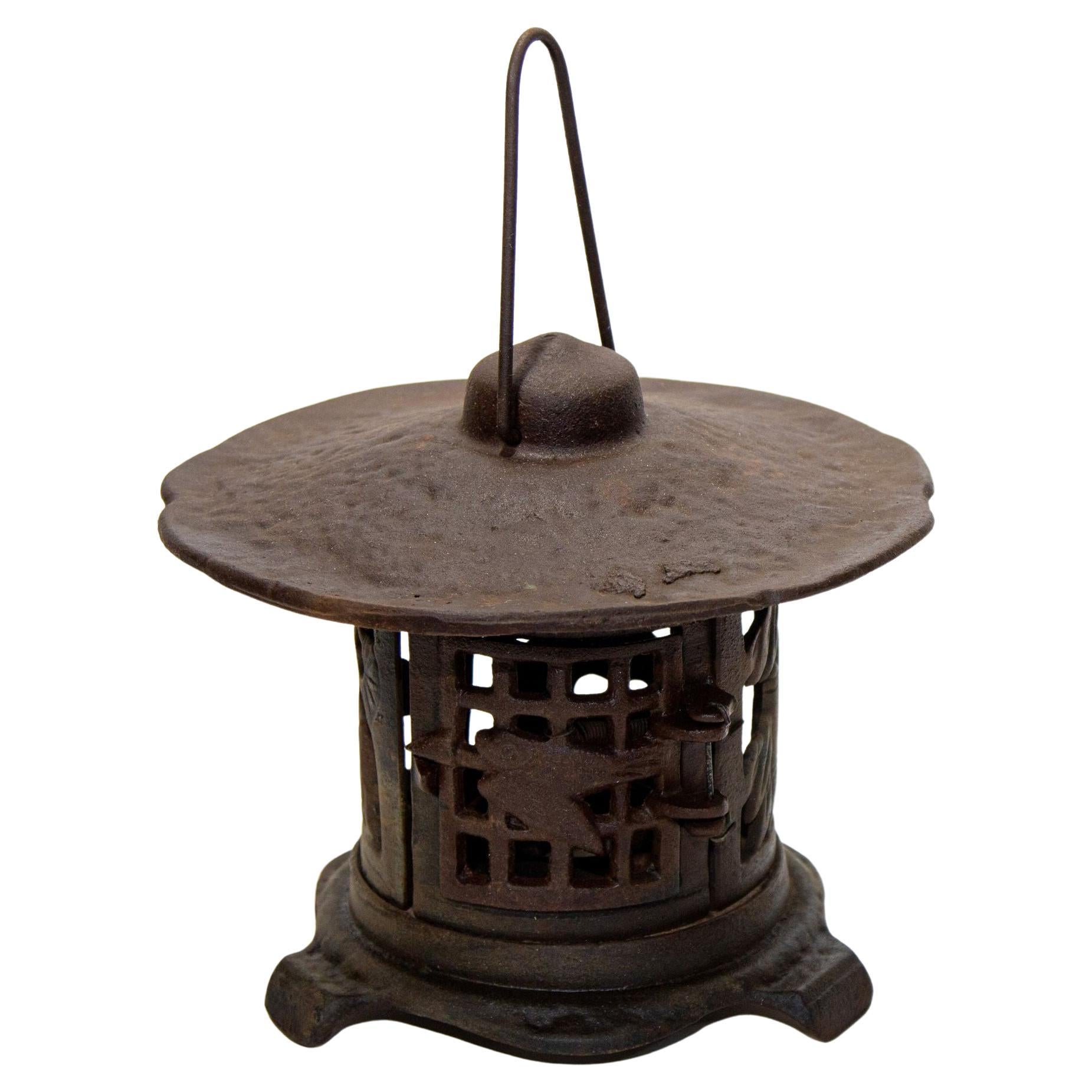 Japanese Iron Garden Lantern Old Gold Finch and Bamboo For Sale