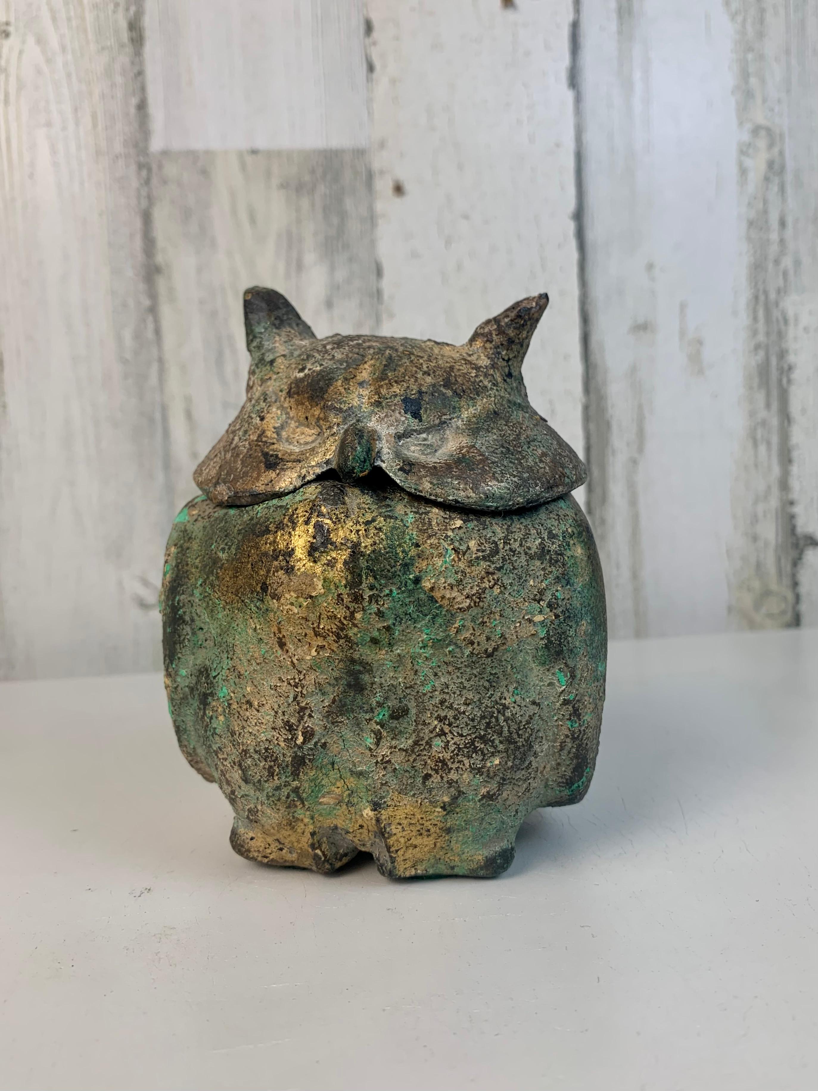 Rustic Cast iron owl with spotty gilt and bronze patina, also included the incense anchor to hold up the incense inside.