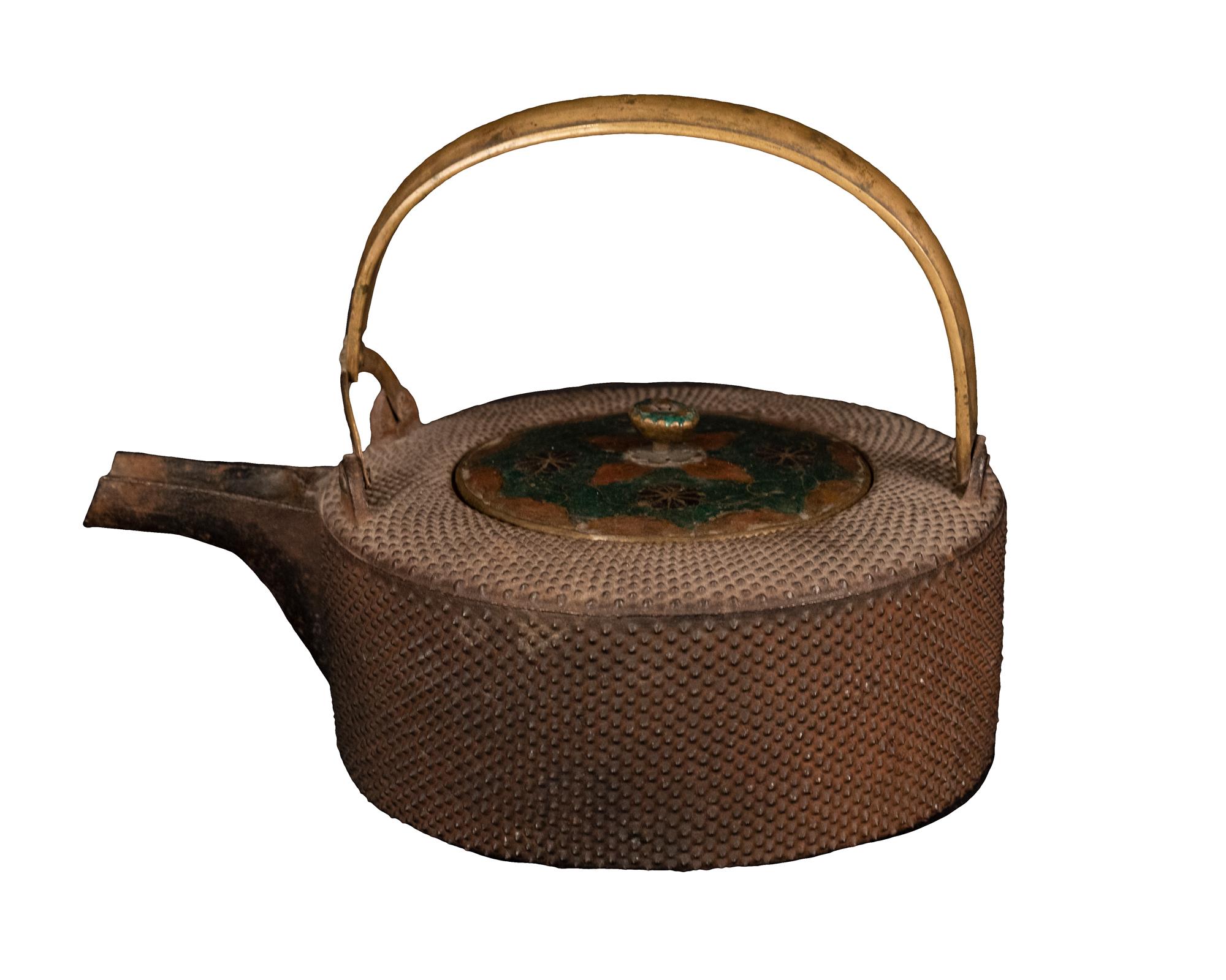 Meiji Japanese Iron Tetsubin Teapot with Cloisonné Lid
