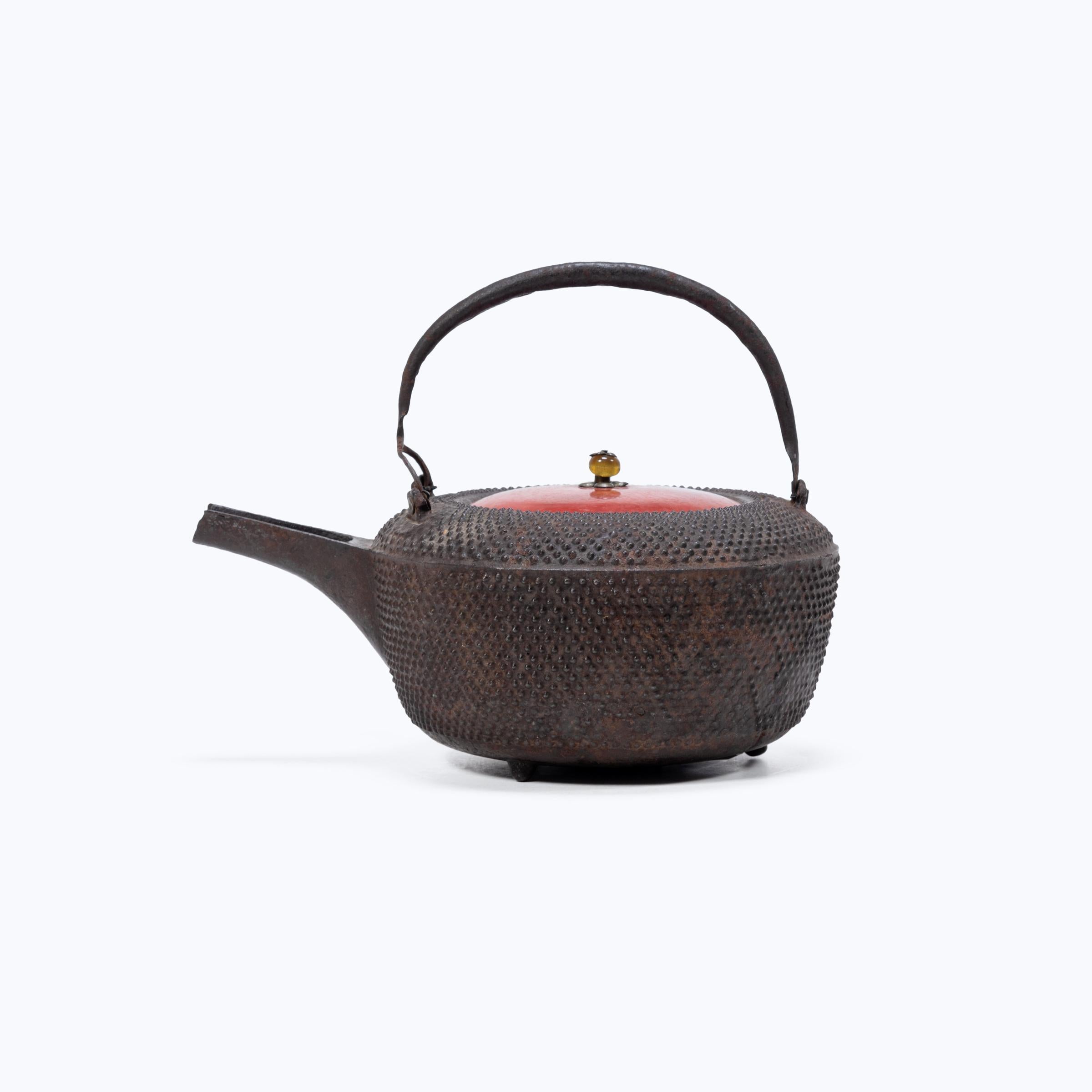 Meiji Japanese Iron Tetsubin with Red Lacquer Lid, c. 1900