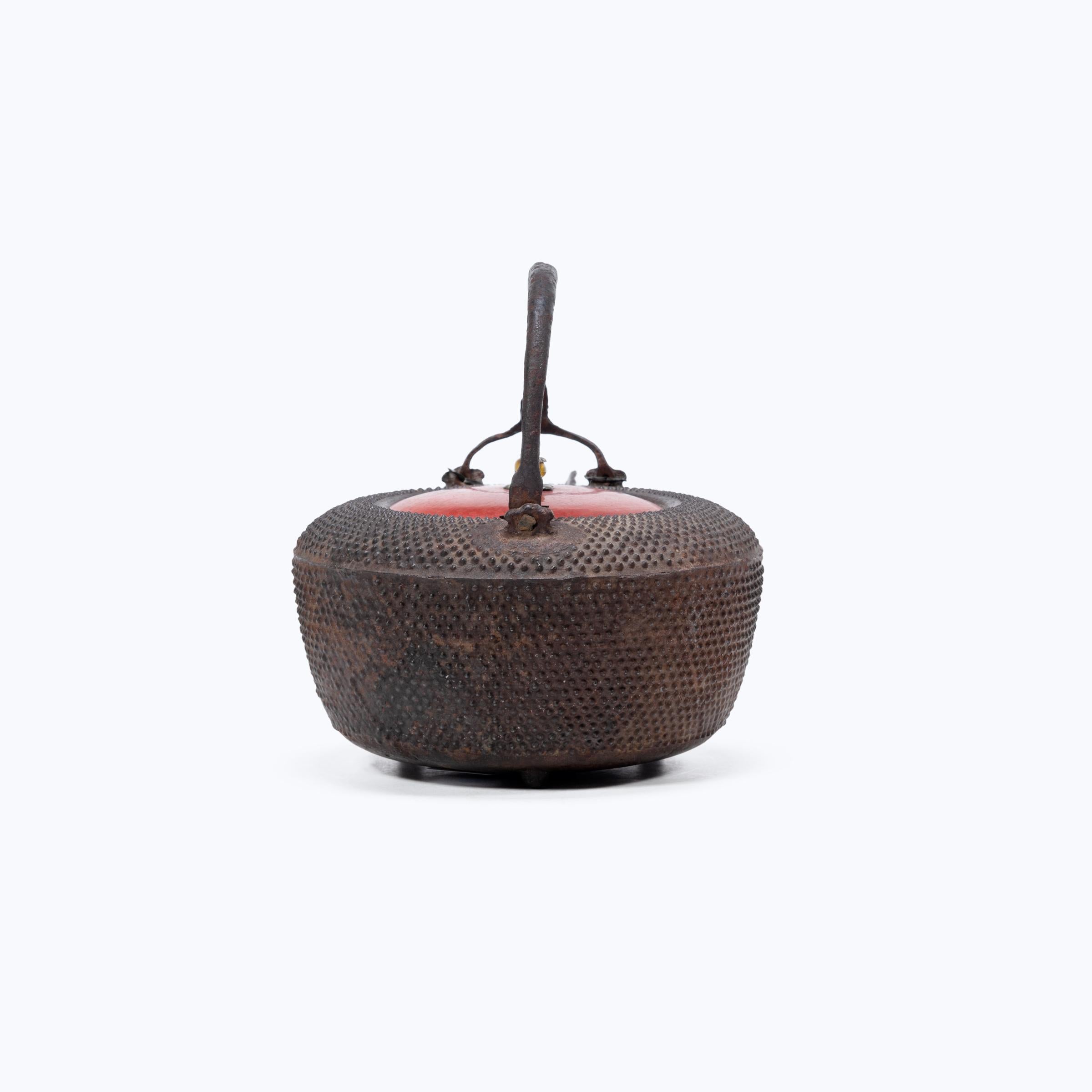 Cast Japanese Iron Tetsubin with Red Lacquer Lid, c. 1900