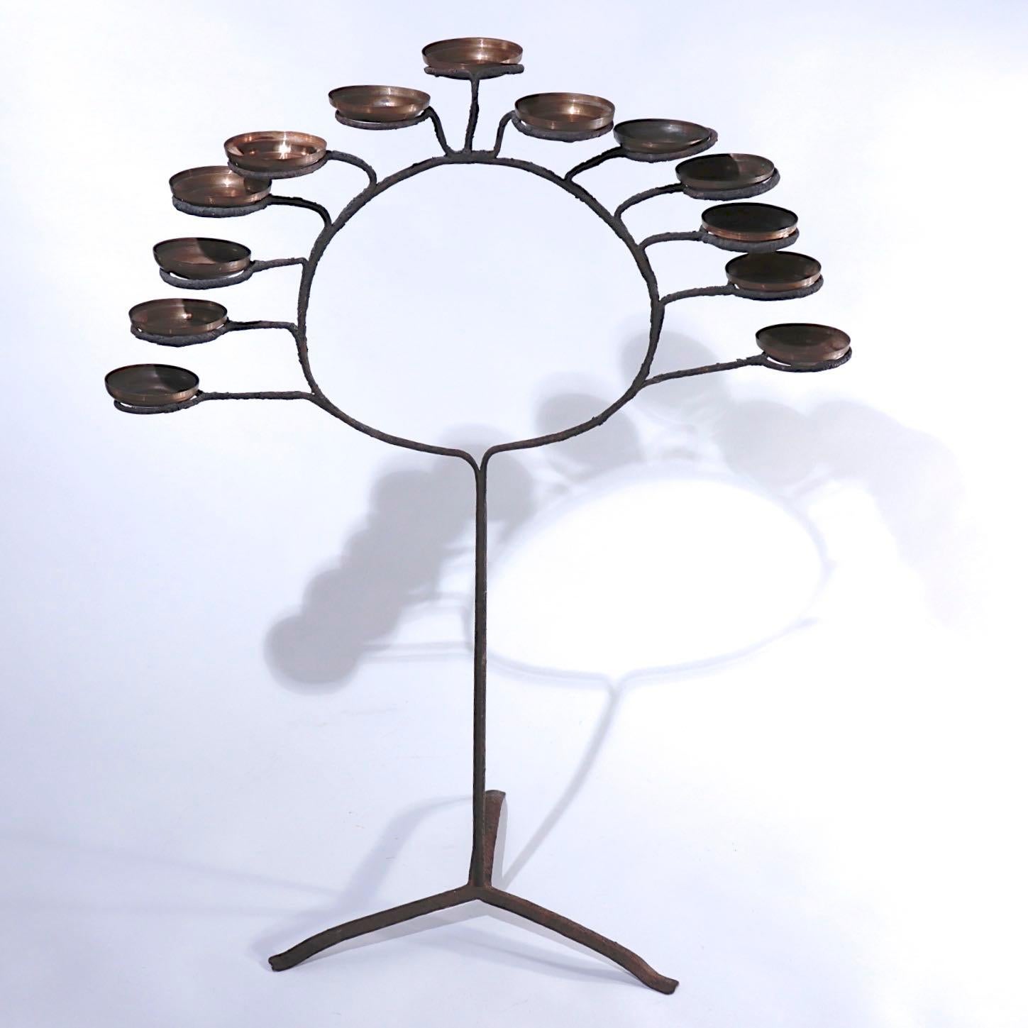 Japanese Tomyodai, a temple light stand created of hand wrought iron in an upright form of a circle or 
