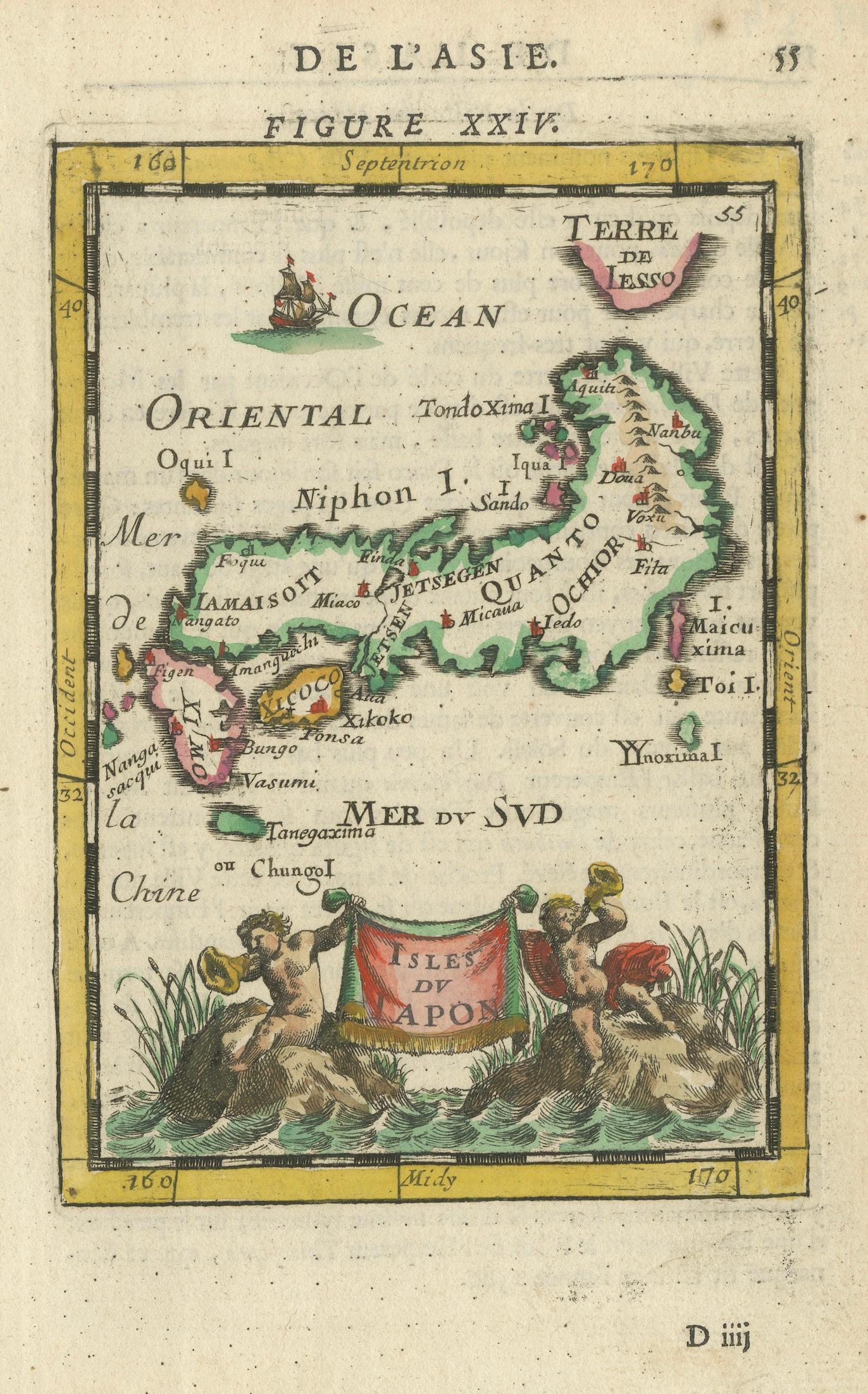 1683 Map of Japan Isles by Mallet – Decorative Miniature Map

This is an original antique map titled “Isles du Japon,” created by Alain Manesson Mallet and published in Paris in 1683. It was part of his renowned work Description de l’Univers, which