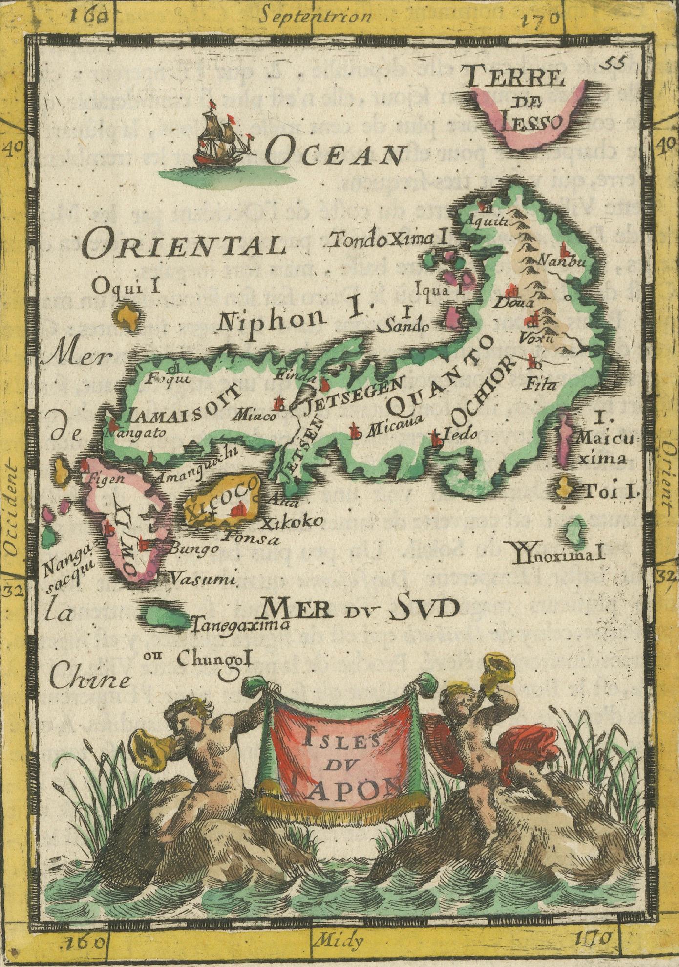 French Japanese Isles Map by Mallet, 1683 – Decorative Miniature Map For Sale