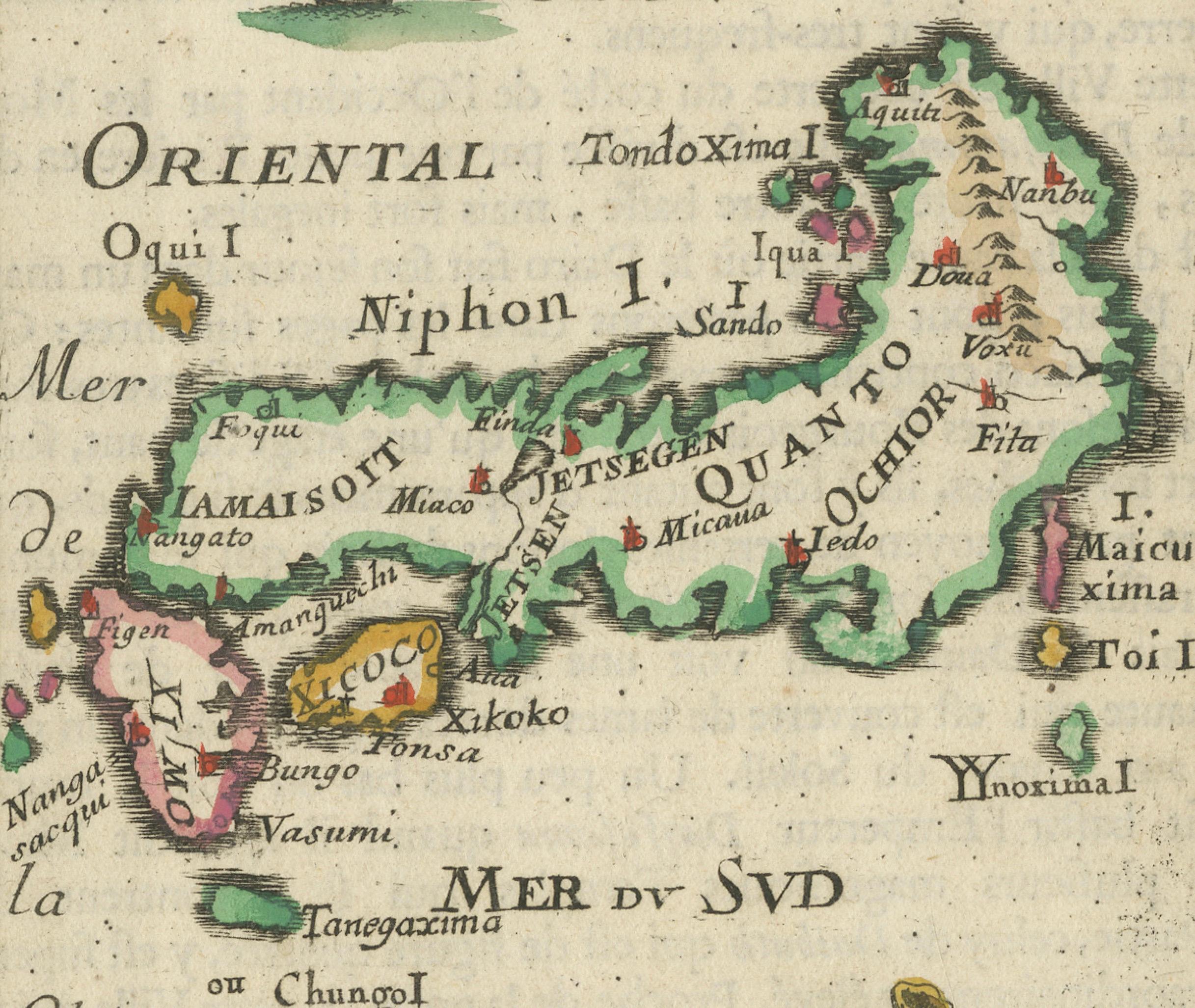 Engraved Japanese Isles Map by Mallet, 1683 – Decorative Miniature Map For Sale