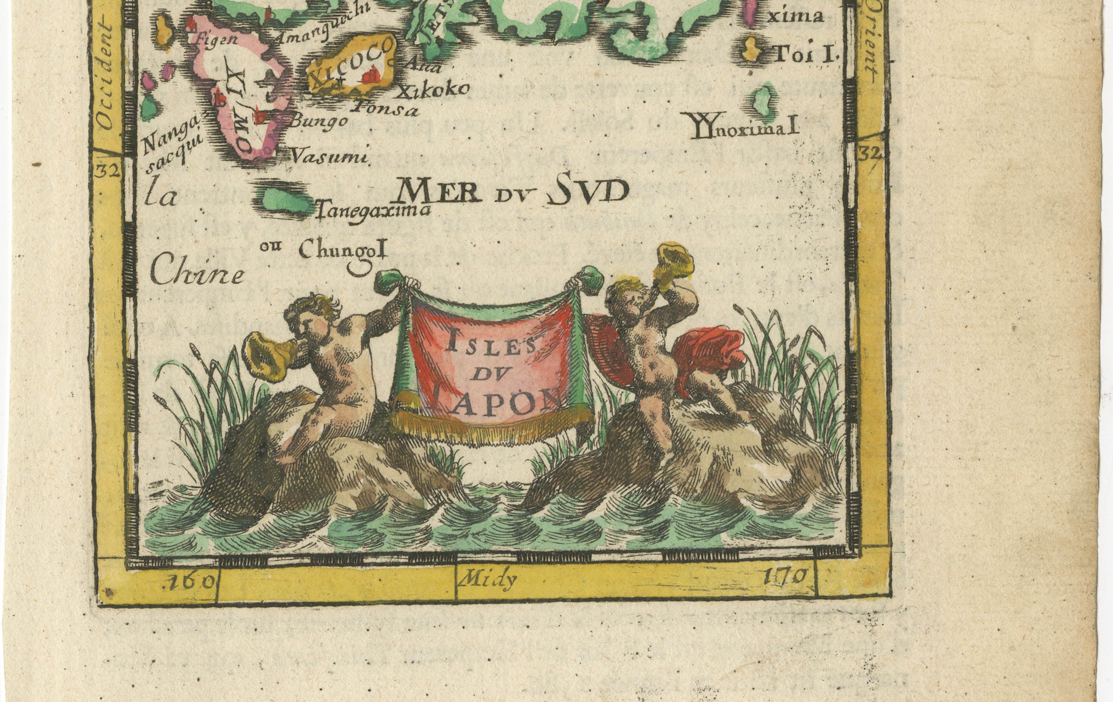 Japanese Isles Map by Mallet, 1683 – Decorative Miniature Map In Good Condition For Sale In Langweer, NL