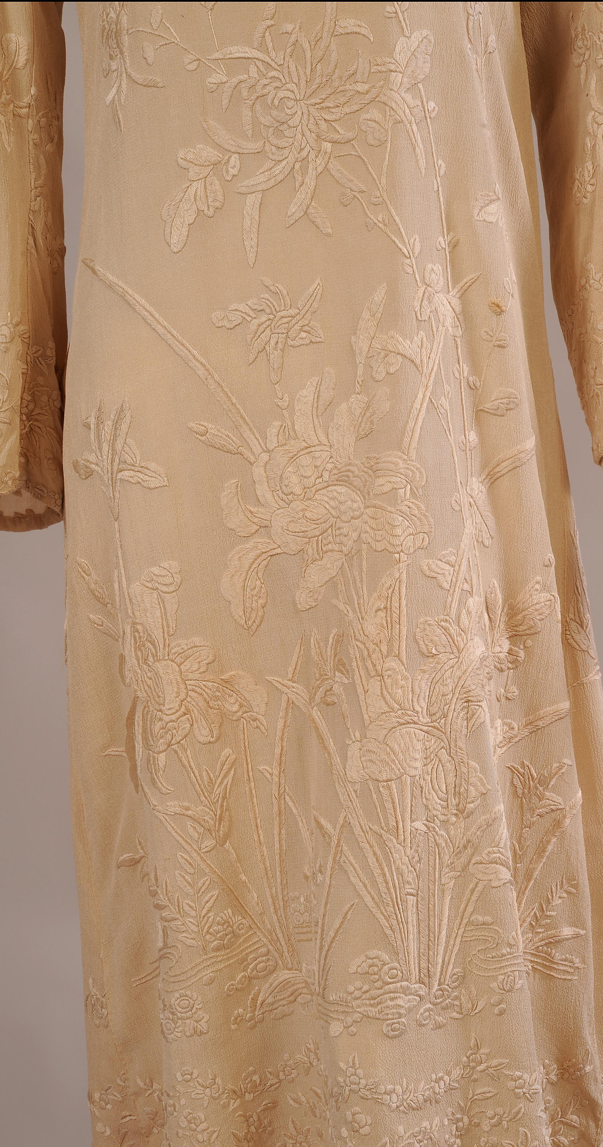Brown Japanese Ivory Silk Hand Embroidery on an Ivory Silk 1920's Evening Dress