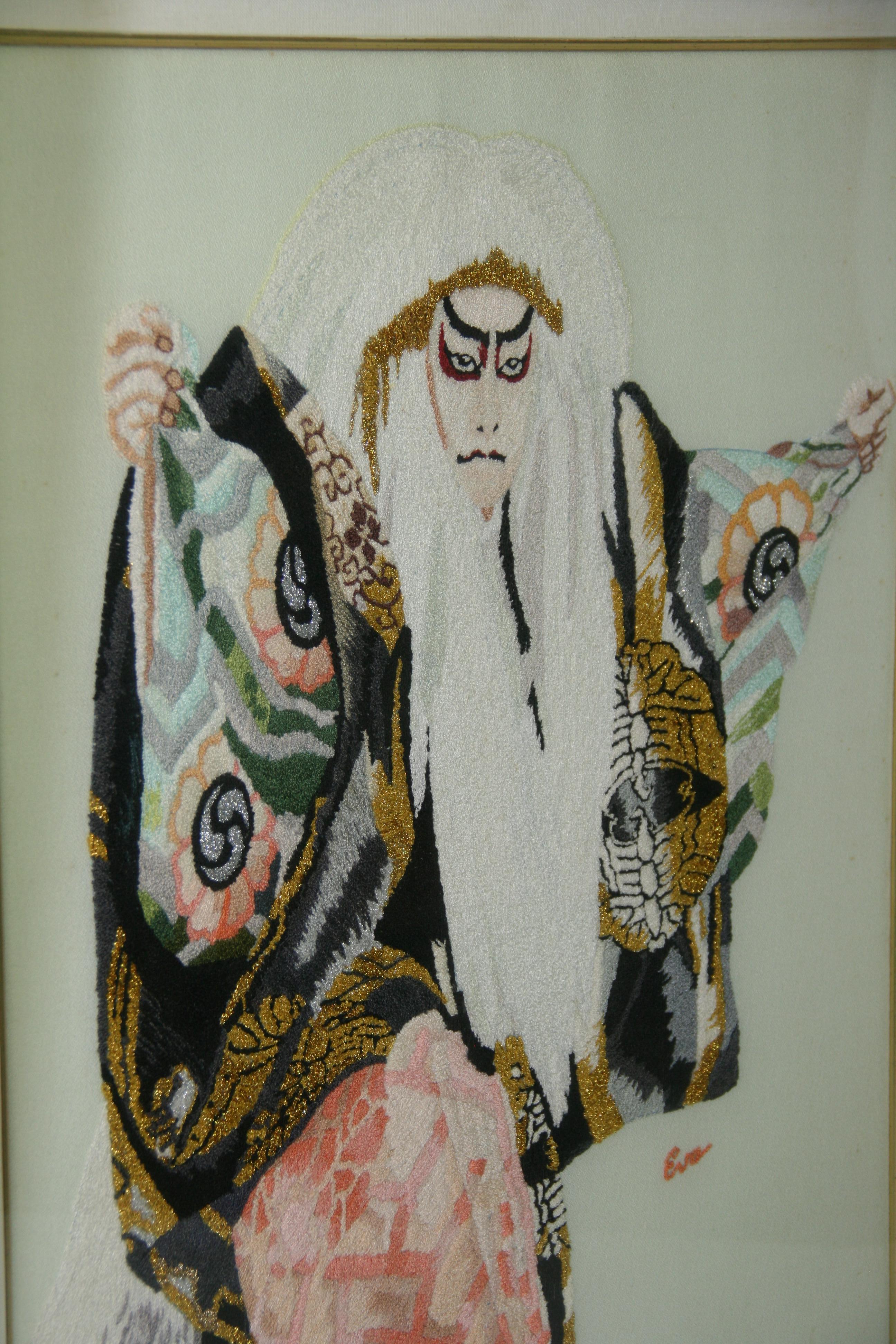 Fabric Japanese Kabuki Dancer Hand Made Wall Tapestry by Eva For Sale
