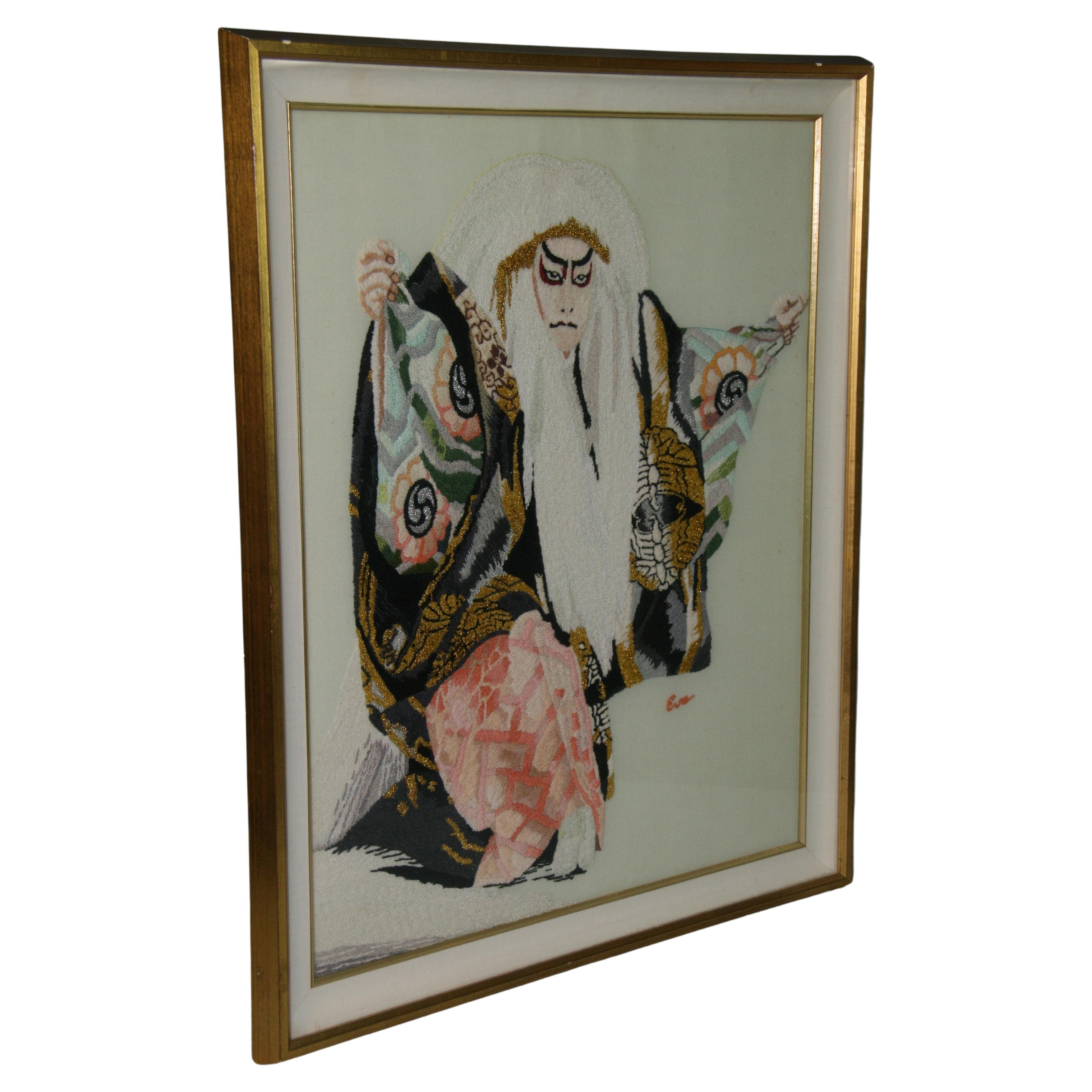 Japanese Kabuki Dancer Hand Made Wall Tapestry by Eva For Sale