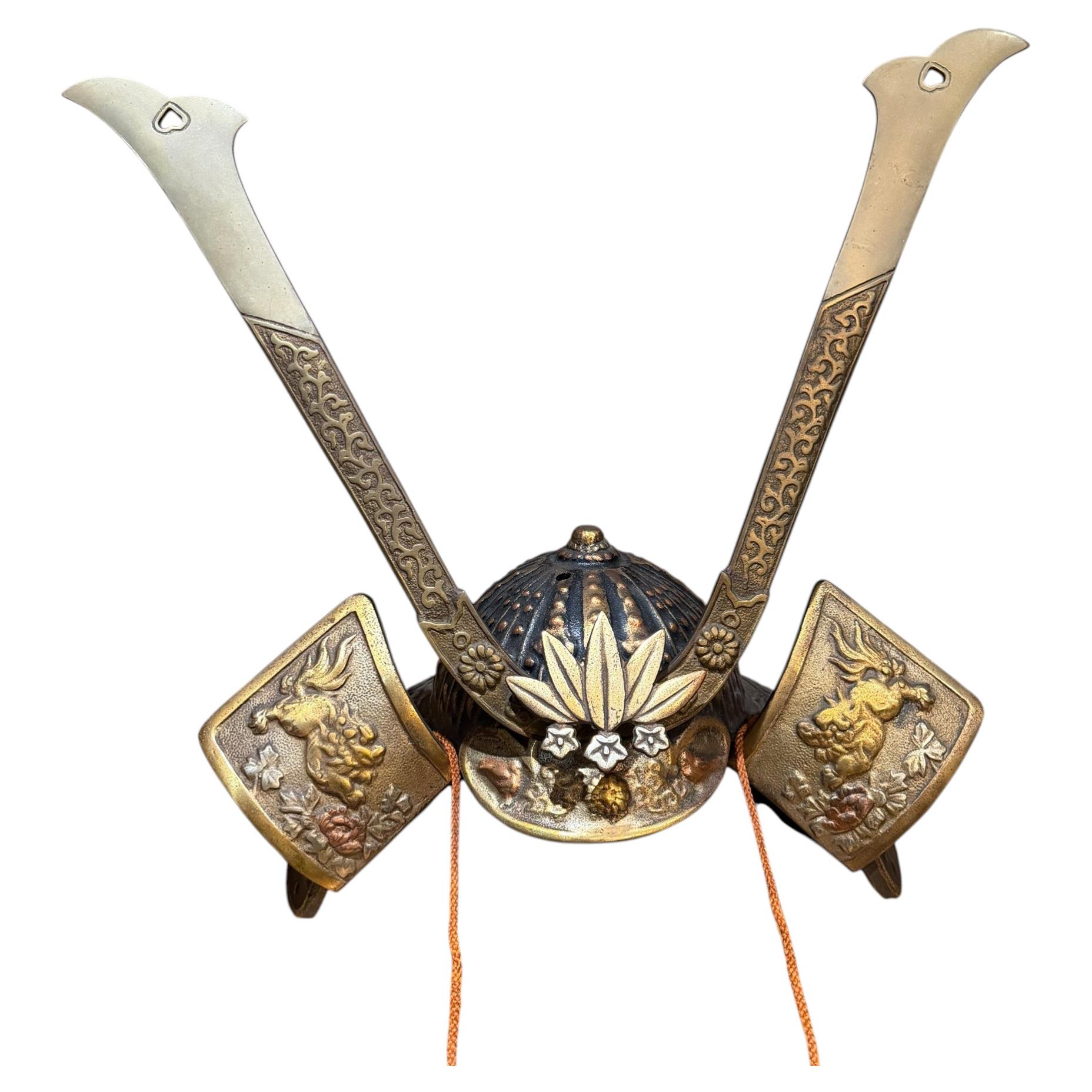 Japanese Kabuto Samurai Helmet Display Sculpture in Bronze