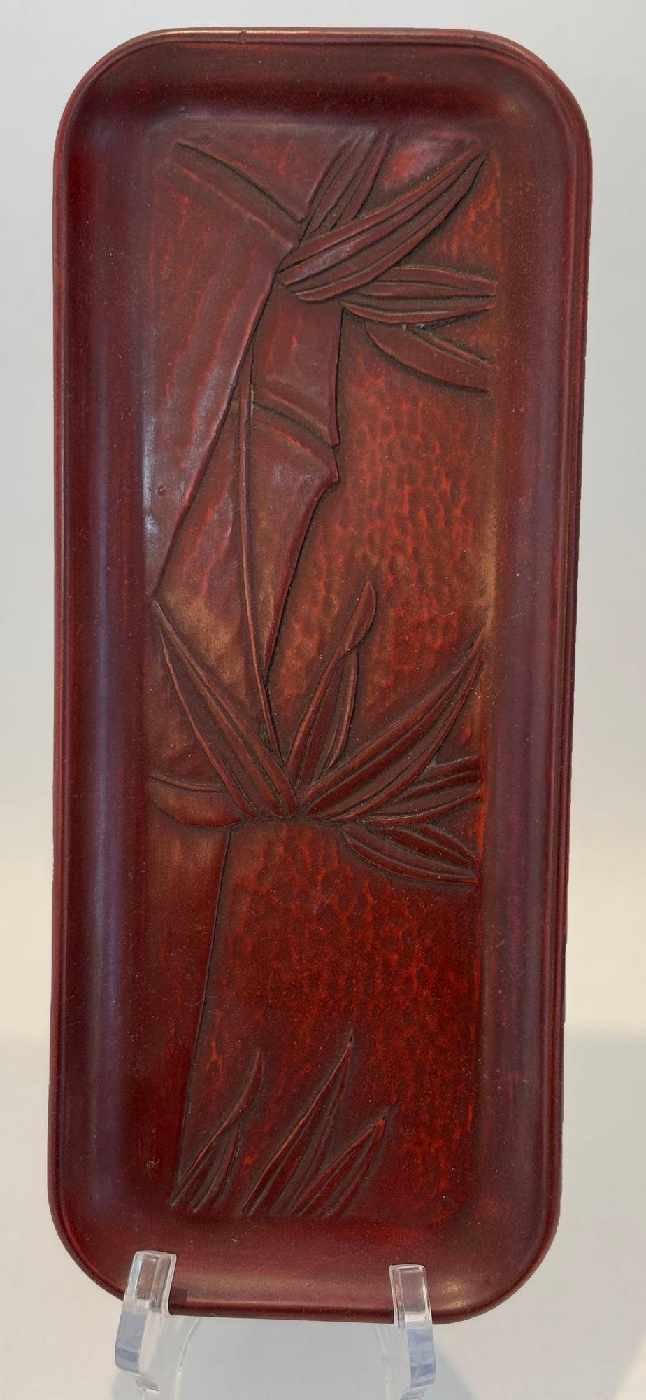 Japonisme Japanese Kamakura-Bori Wood Carving Lacquered Tray with Bamboo Tree