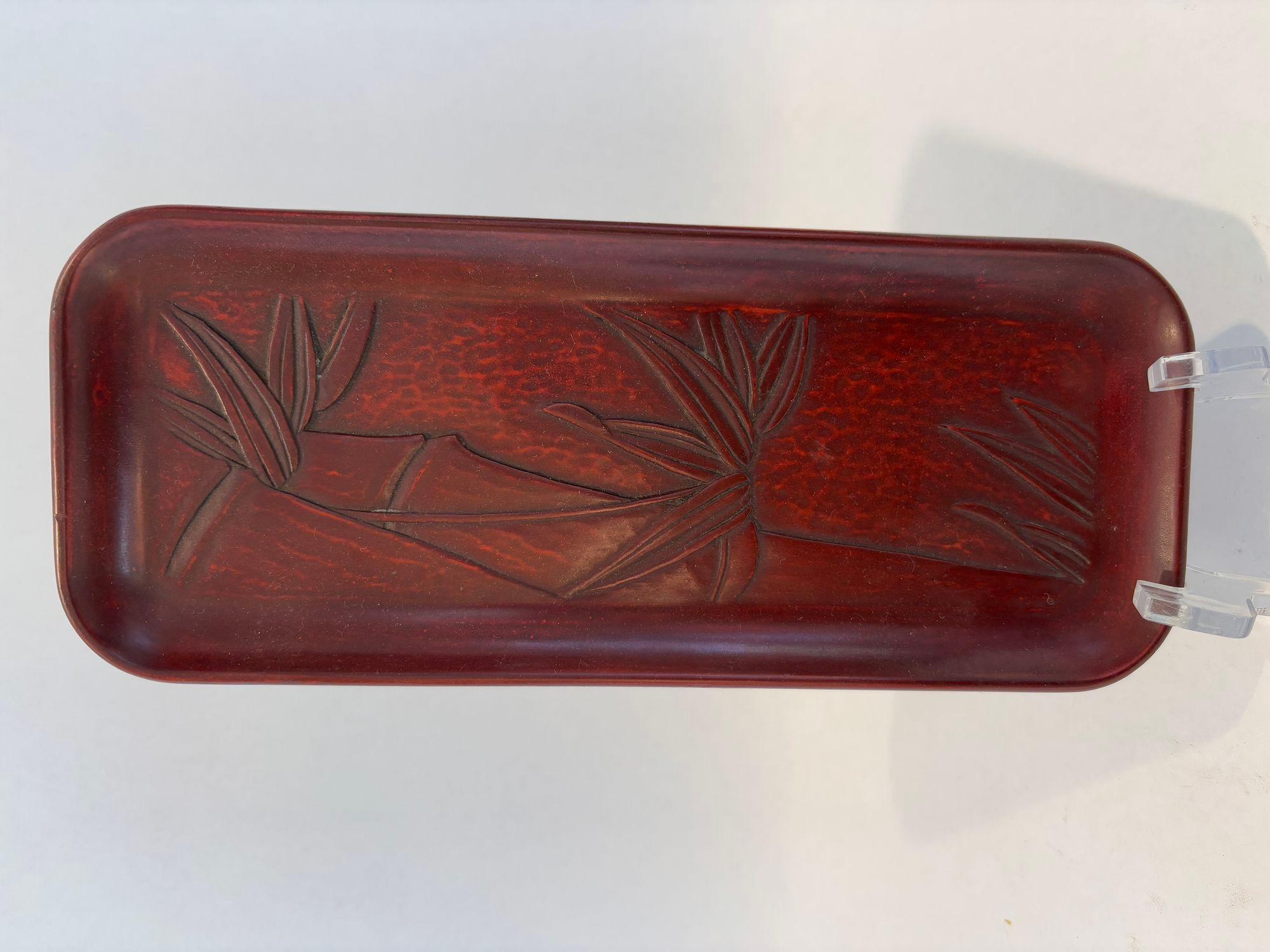 20th Century Japanese Kamakura-Bori Wood Carving Lacquered Tray with Bamboo Tree