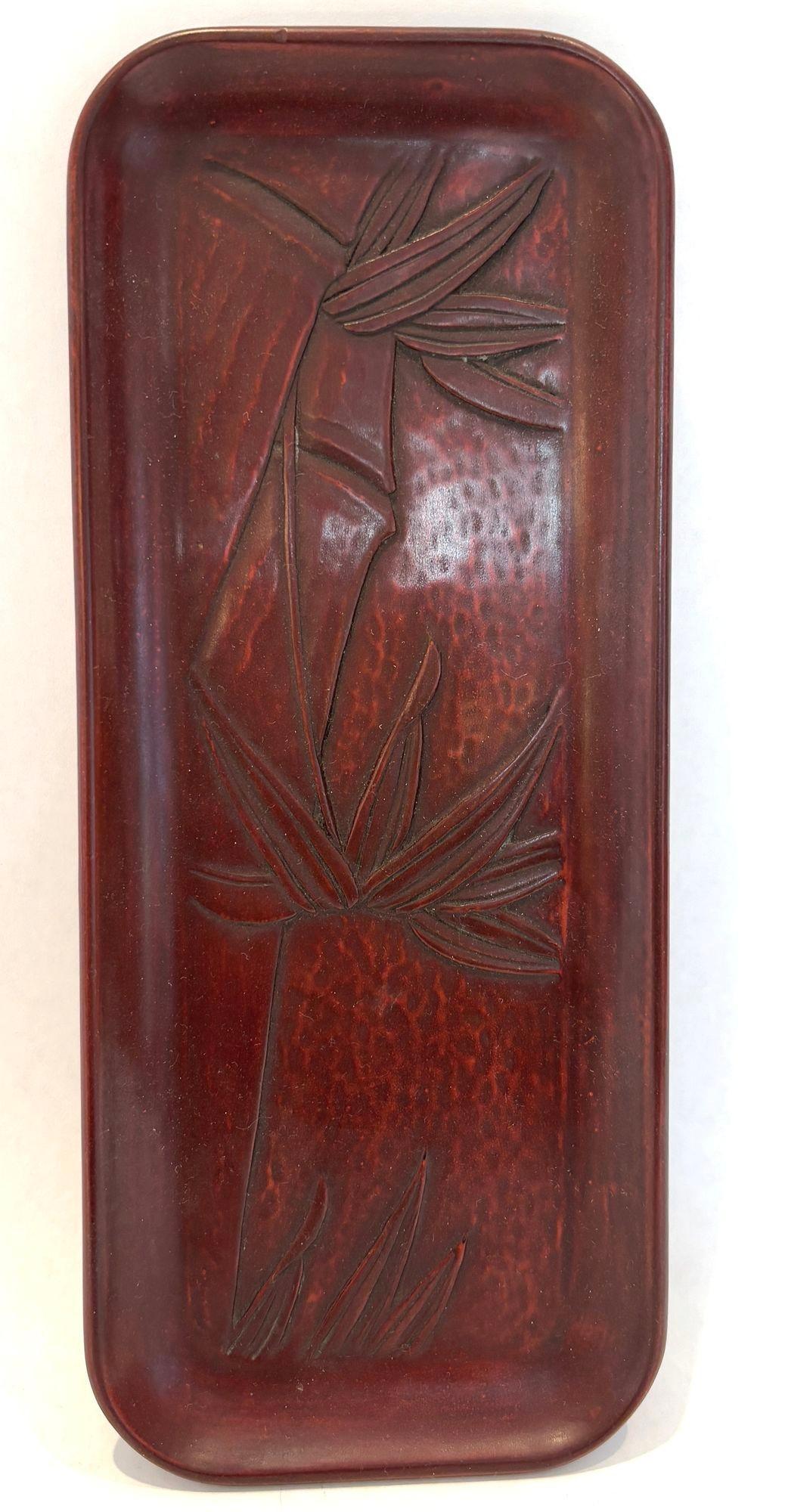 Japanese Kamakura-Bori Wood Carving Lacquered Tray with Bamboo Tree 1