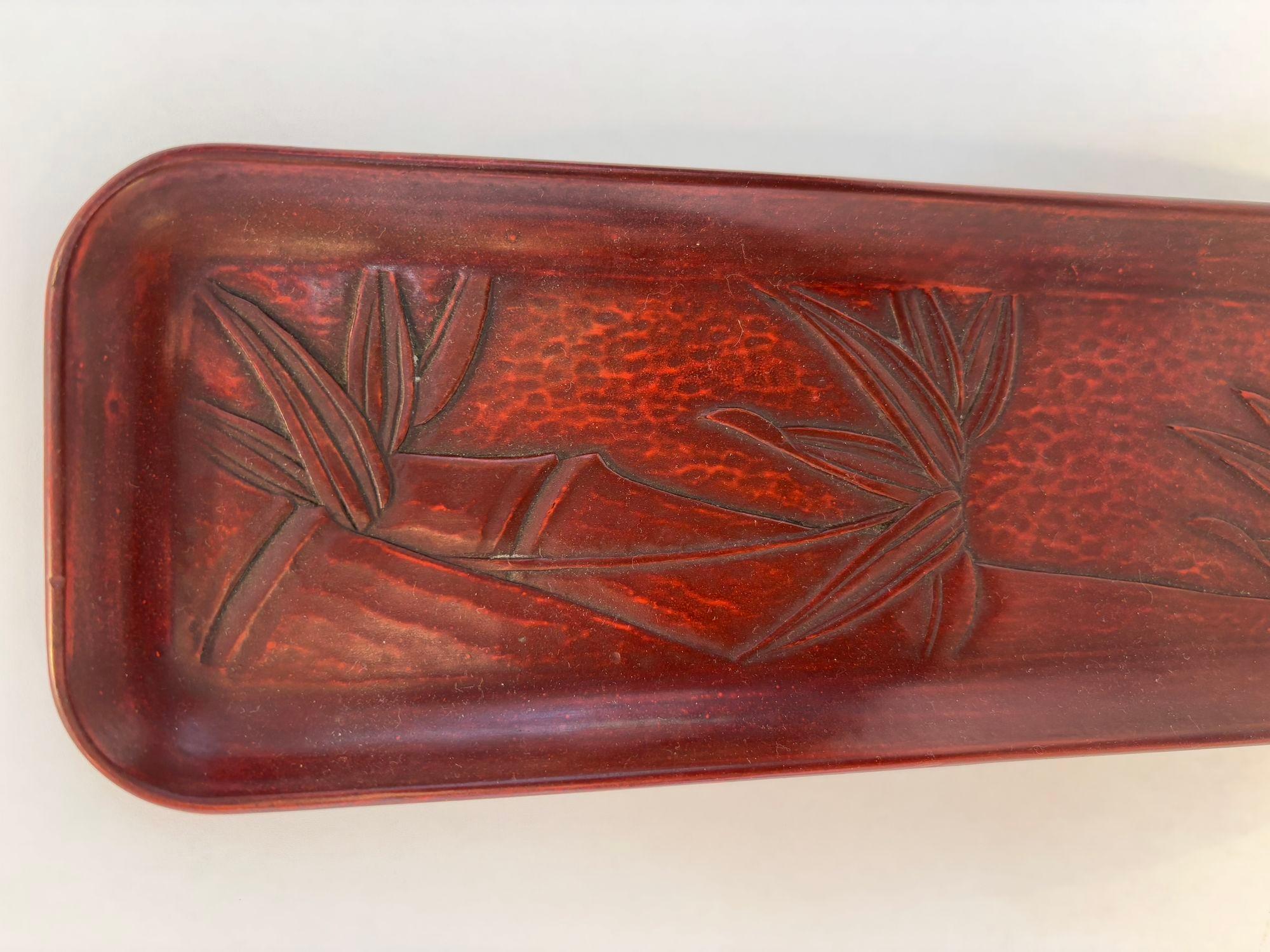 Japanese Kamakura-Bori Wood Carving Lacquered Tray with Bamboo Tree 2