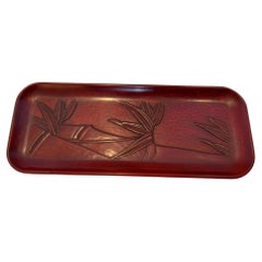 Japanese Kamakura-Bori Wood Carving Lacquered Tray with Bamboo Tree