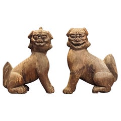 Japanese Kamakura Cypress Wood Pair of Komainu Temple Guardians, 13th Century