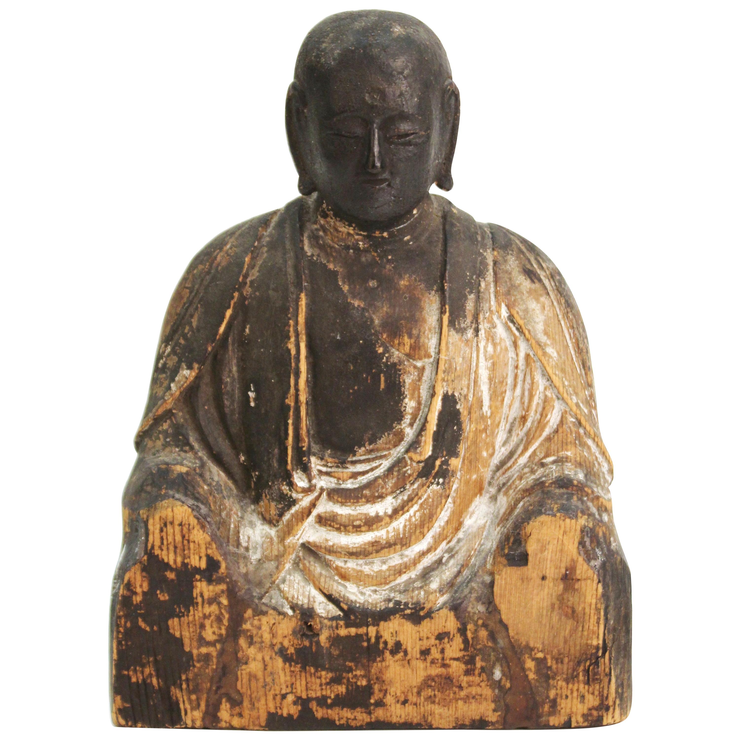 Japanese Kamakura Seated Jizo Bosatsu Buddha Sculpture in Carved Wood