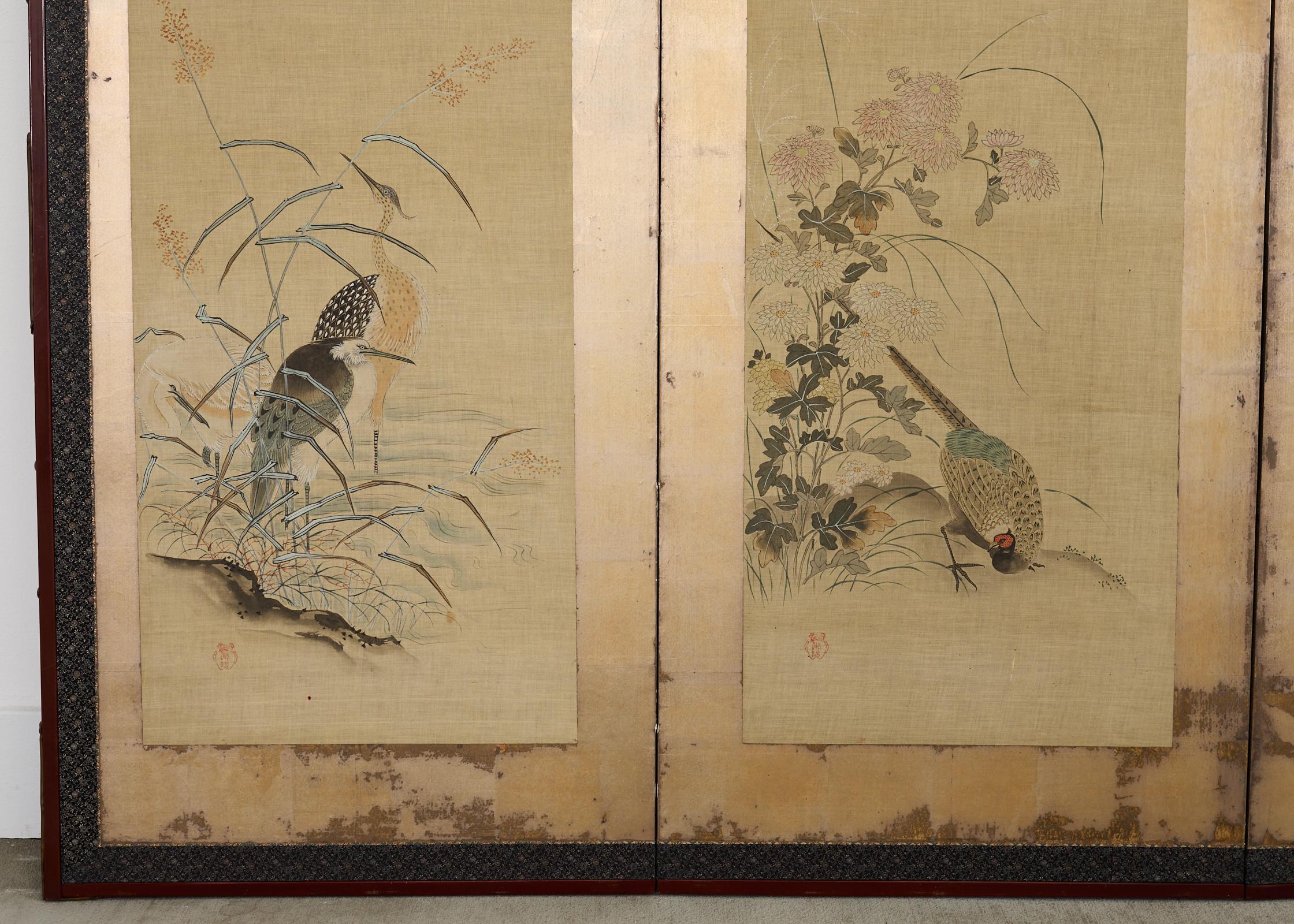 Paravento a quattro pannelli della Japanese School Kano Uccelli e gufi in vendita 6