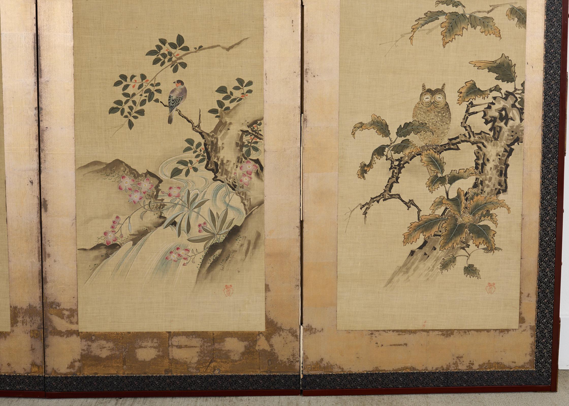 Paravento a quattro pannelli della Japanese School Kano Uccelli e gufi in vendita 8