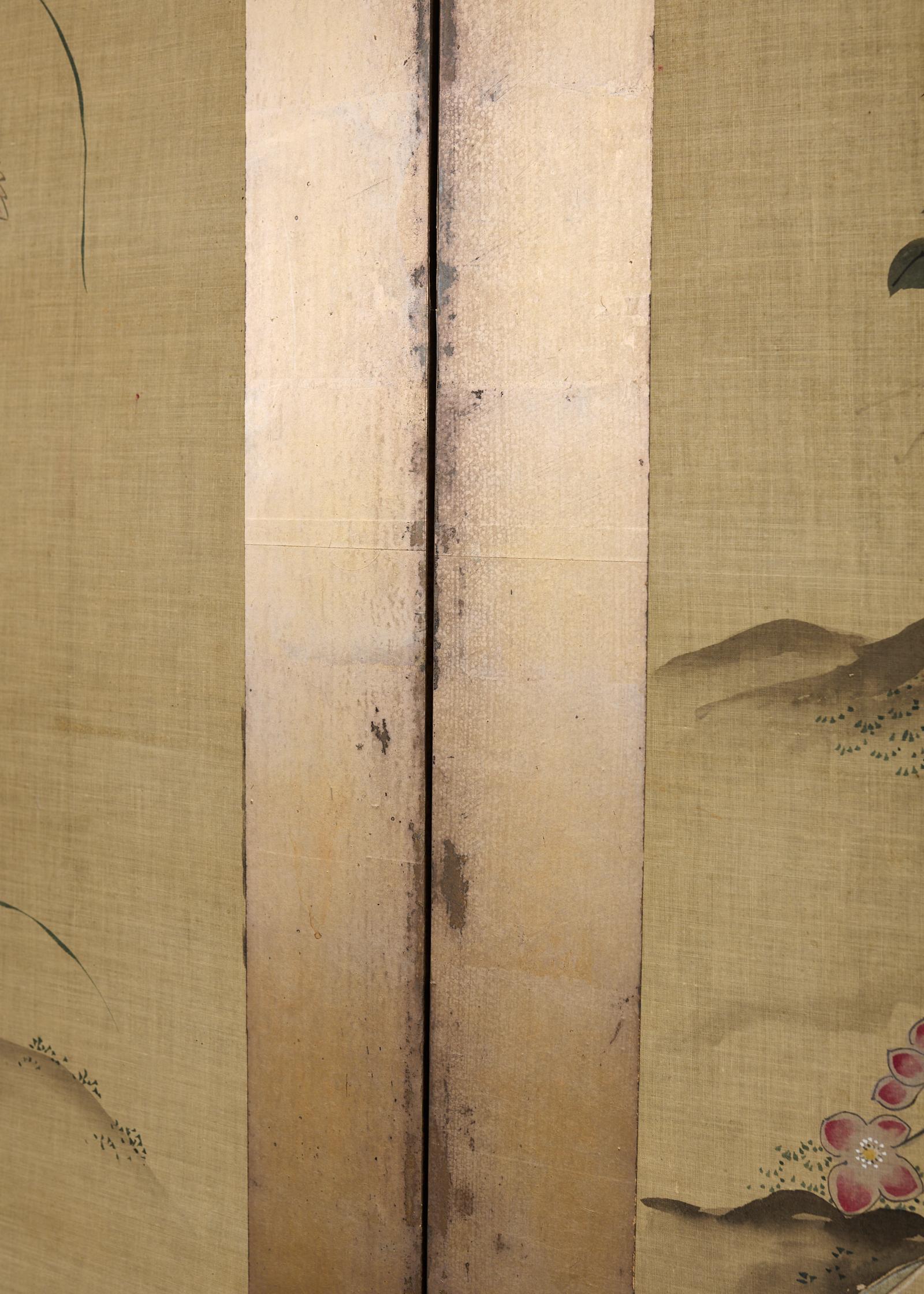 Paravento a quattro pannelli della Japanese School Kano Uccelli e gufi in vendita 10