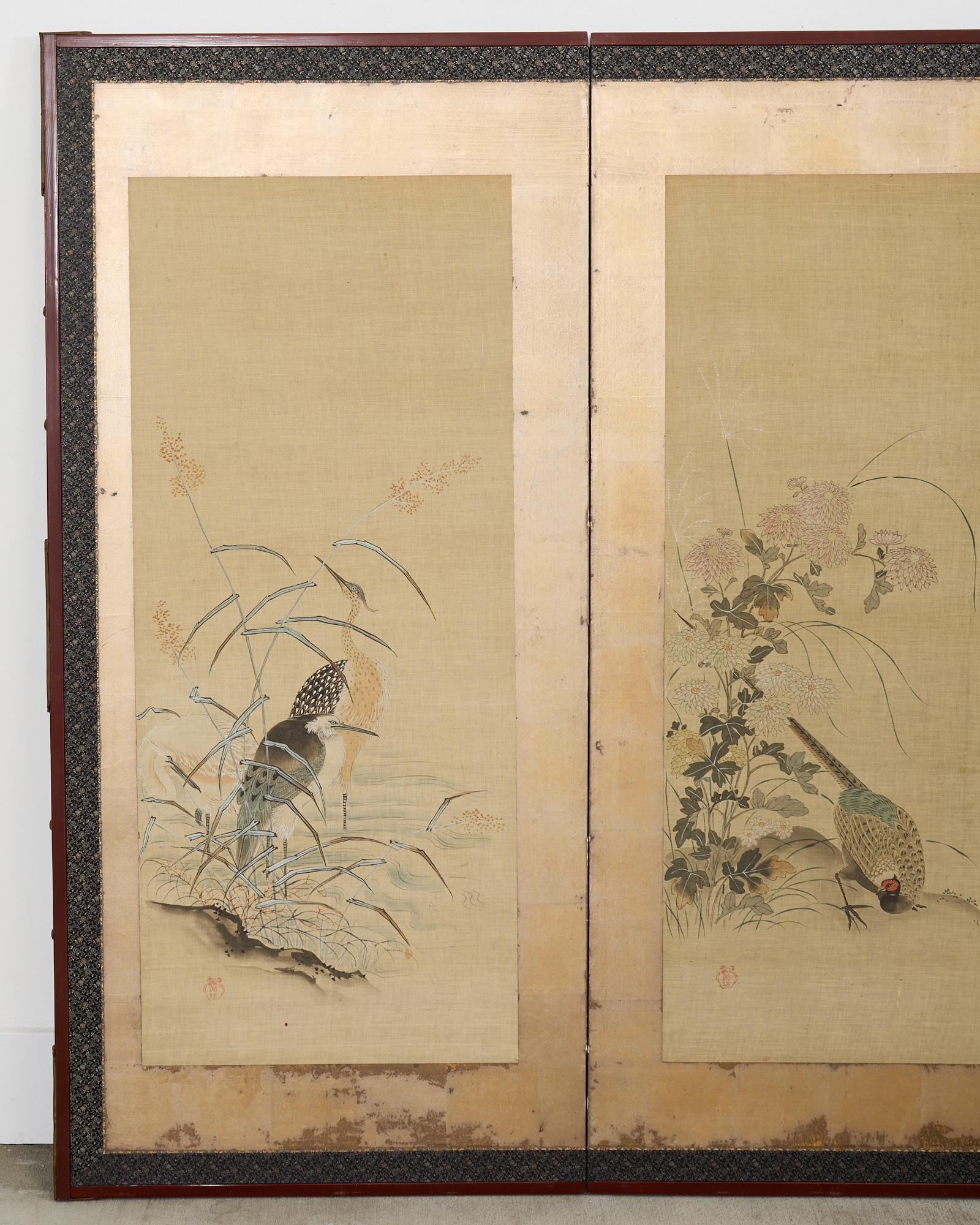 Meiji Paravento a quattro pannelli della Japanese School Kano Uccelli e gufi in vendita