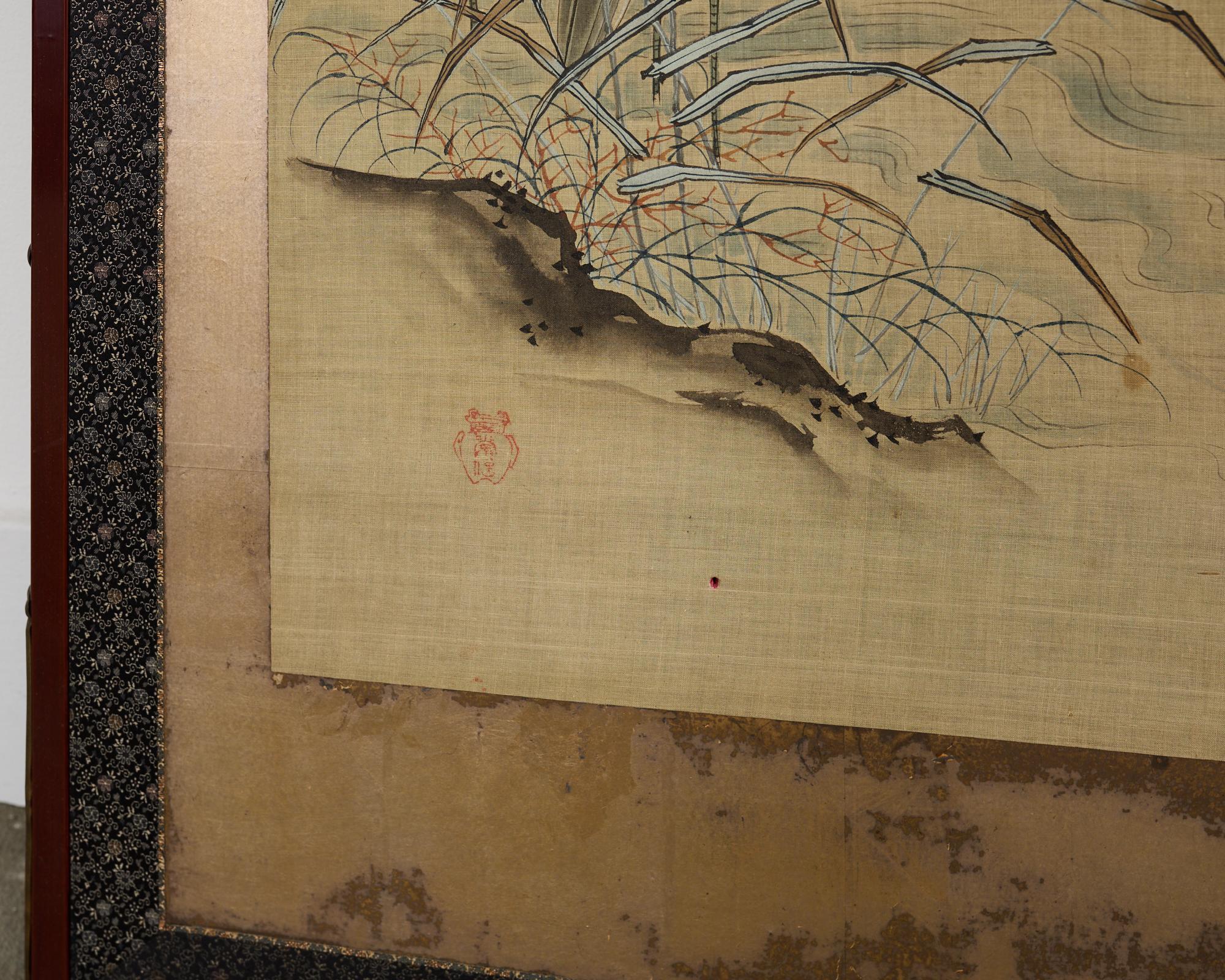 Foglia d’oro Paravento a quattro pannelli della Japanese School Kano Uccelli e gufi in vendita