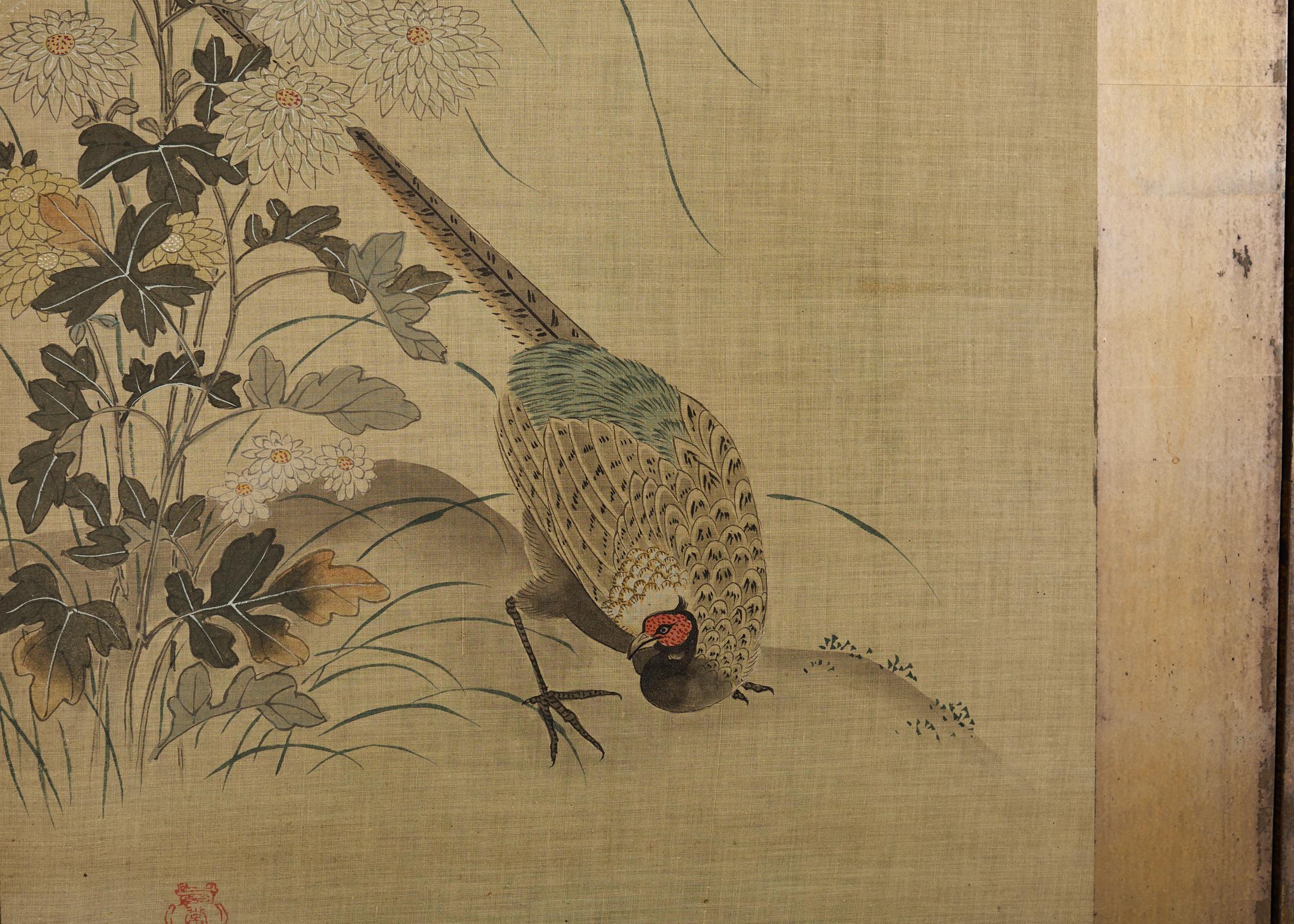 Paravento a quattro pannelli della Japanese School Kano Uccelli e gufi in vendita 1