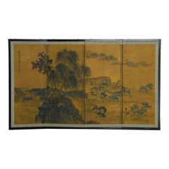 Vintage Japanese Kano School Style Four Panel Landscape Screen