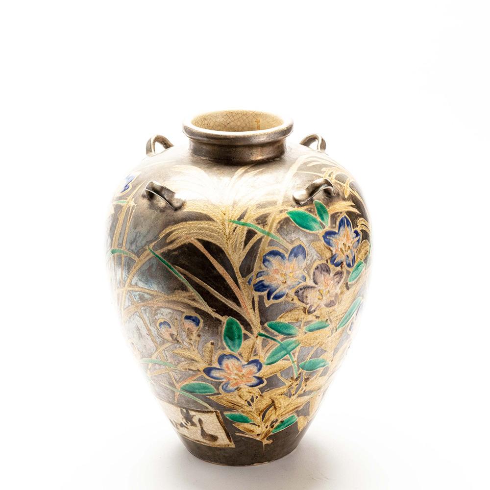 Hand-Painted Japanese Kenzan Style Classically Shaped Vase with Floral Design