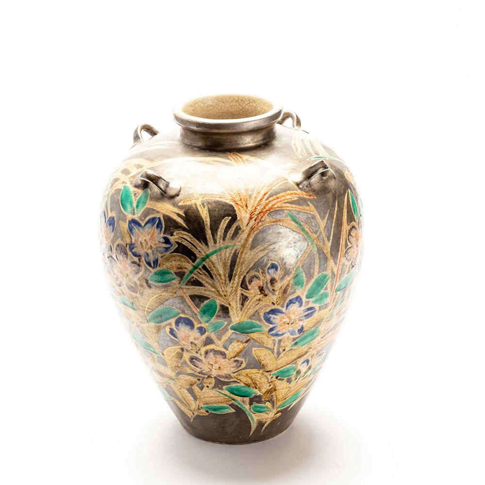 Japanese Kenzan Style Classically Shaped Vase with Floral Design 2