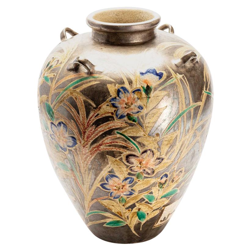 Japanese Kenzan Style Classically Shaped Vase with Floral Design