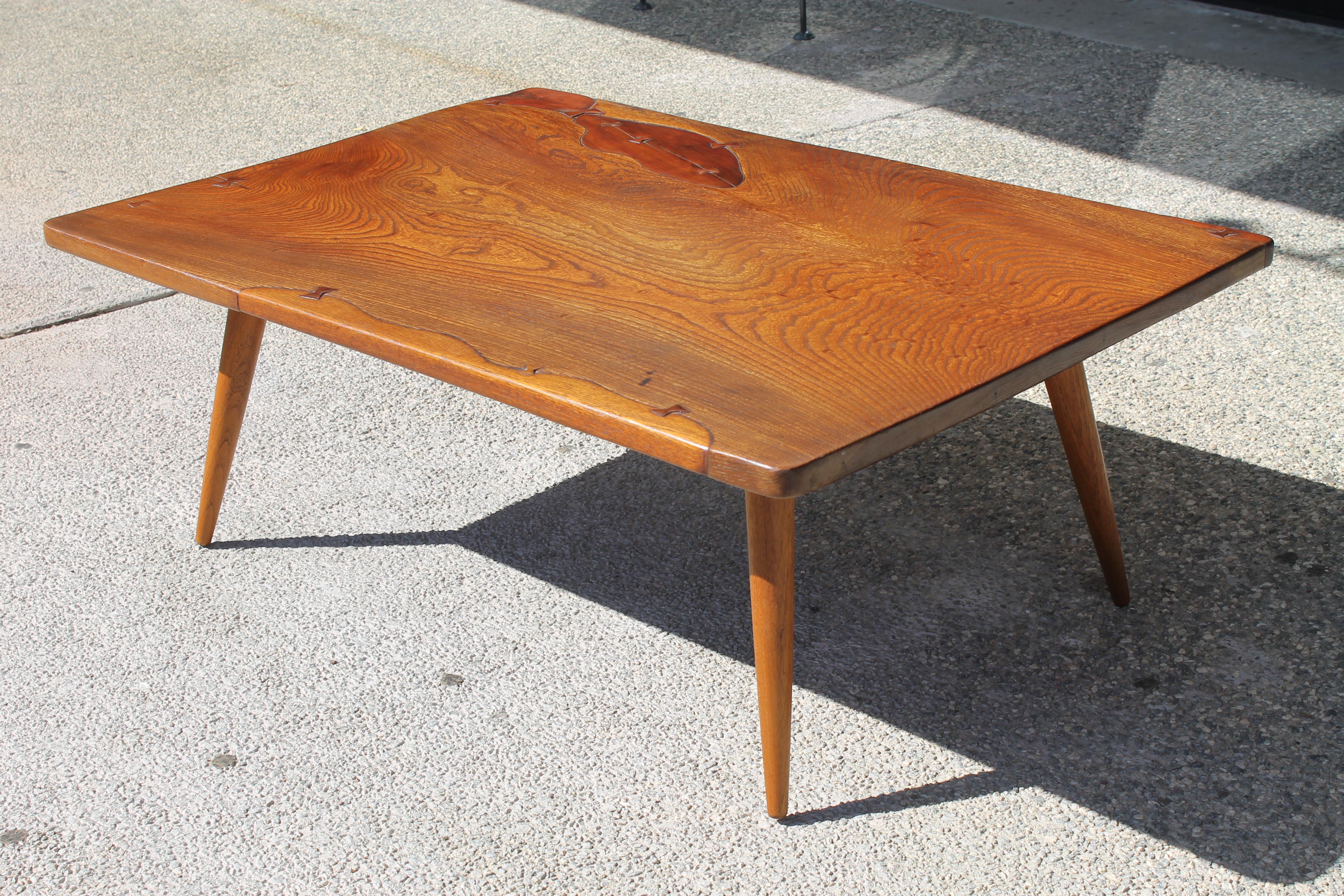 Japanese Keyaki Wood Coffee Table with Bowtie Keys at 1stDibs