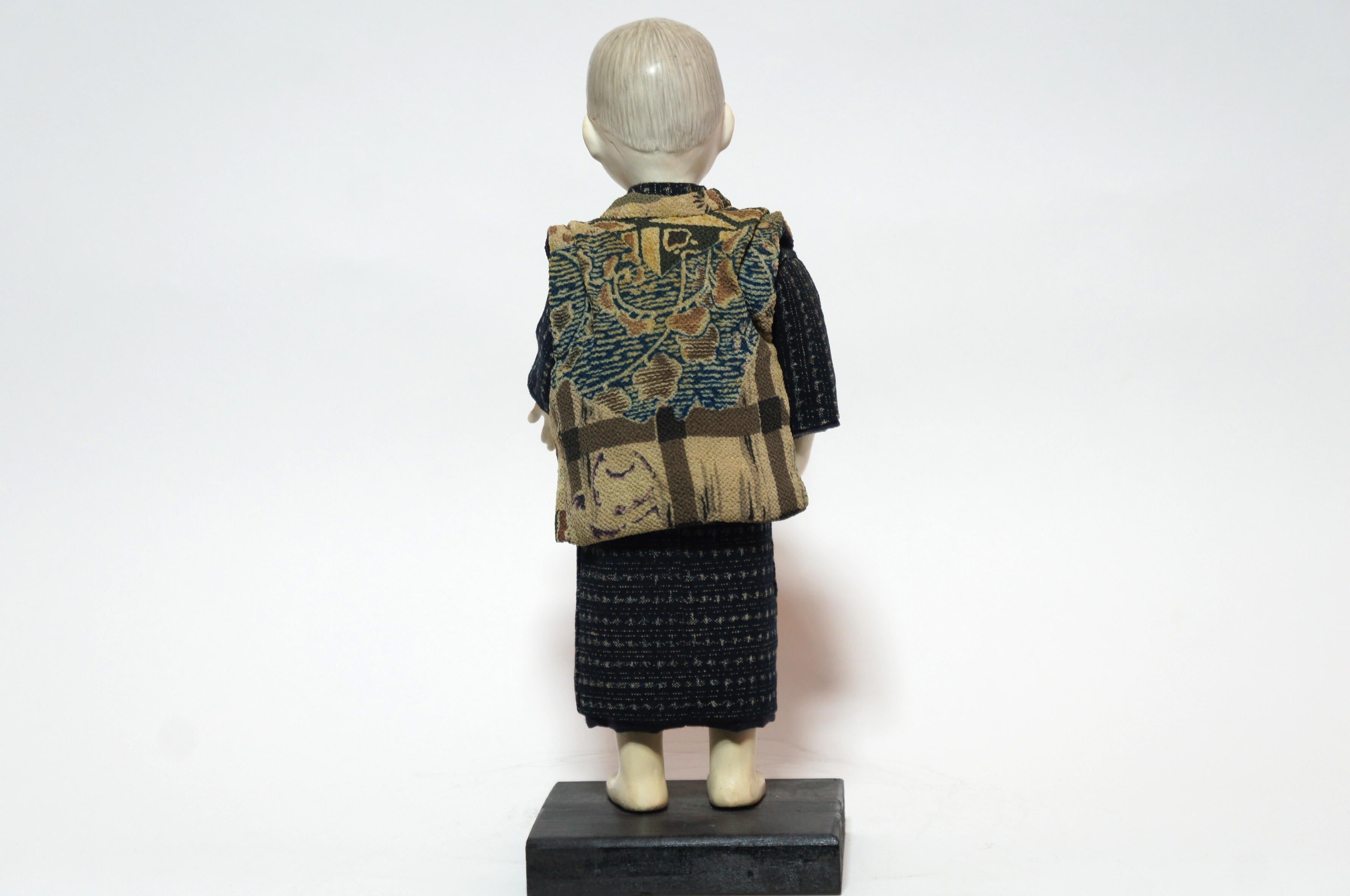 Hand-Crafted Japanese Kimekomi Boy Doll Wearing Silk Kimono, Style of Taisho Romence, 1920s For Sale