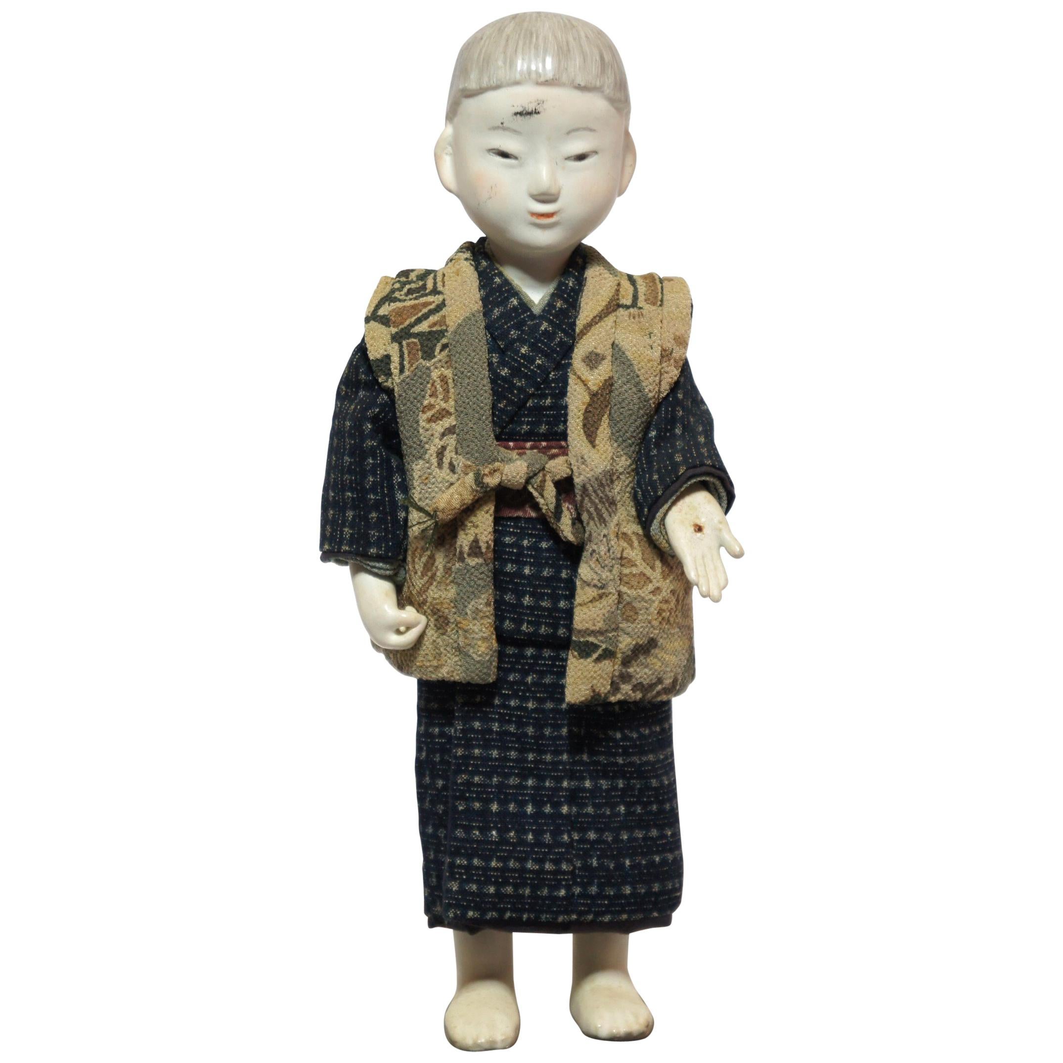Japanese Kimekomi Boy Doll Wearing Silk Kimono, Style of Taisho Romence, 1920s For Sale